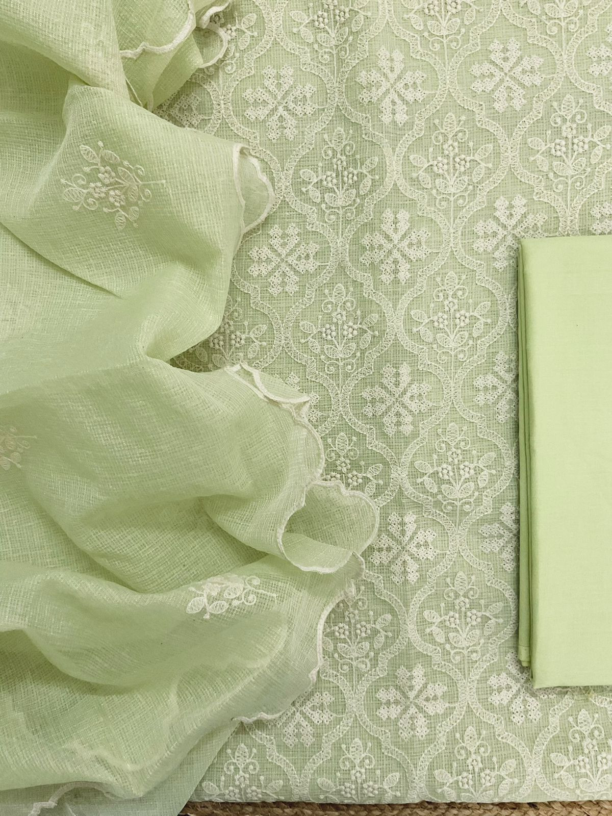 Soft Fine Tissue Kota Silk Embroidered Suit - Green