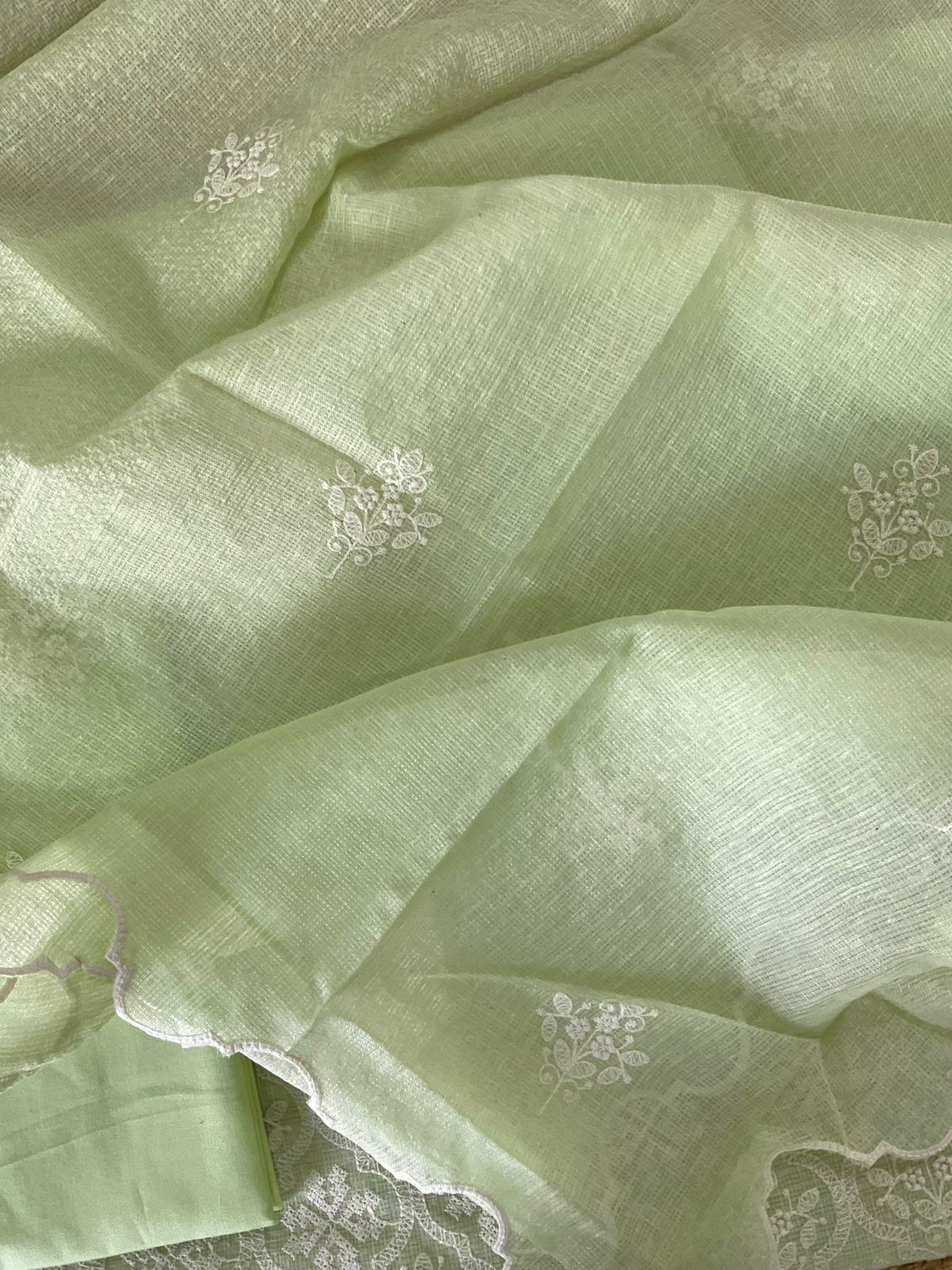 Soft Fine Tissue Kota Silk Embroidered Suit - Green