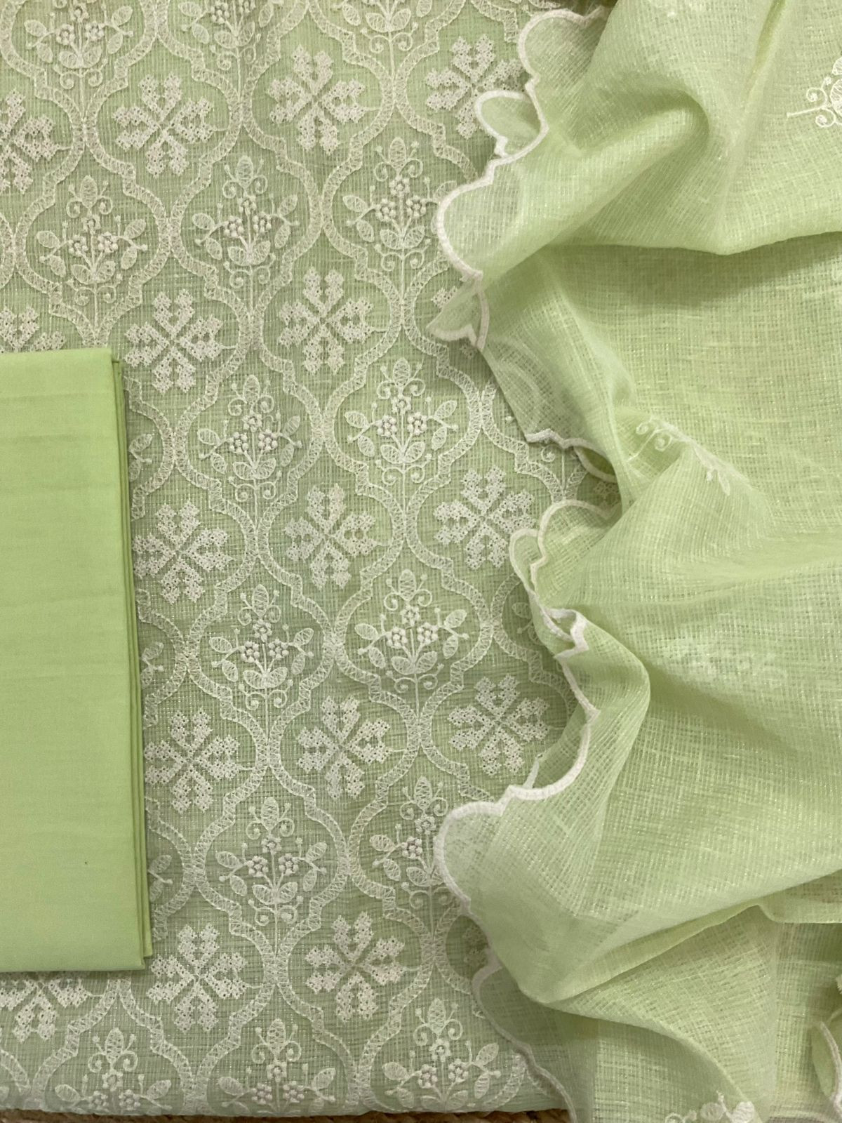 Soft Fine Tissue Kota Silk Embroidered Suit - Green