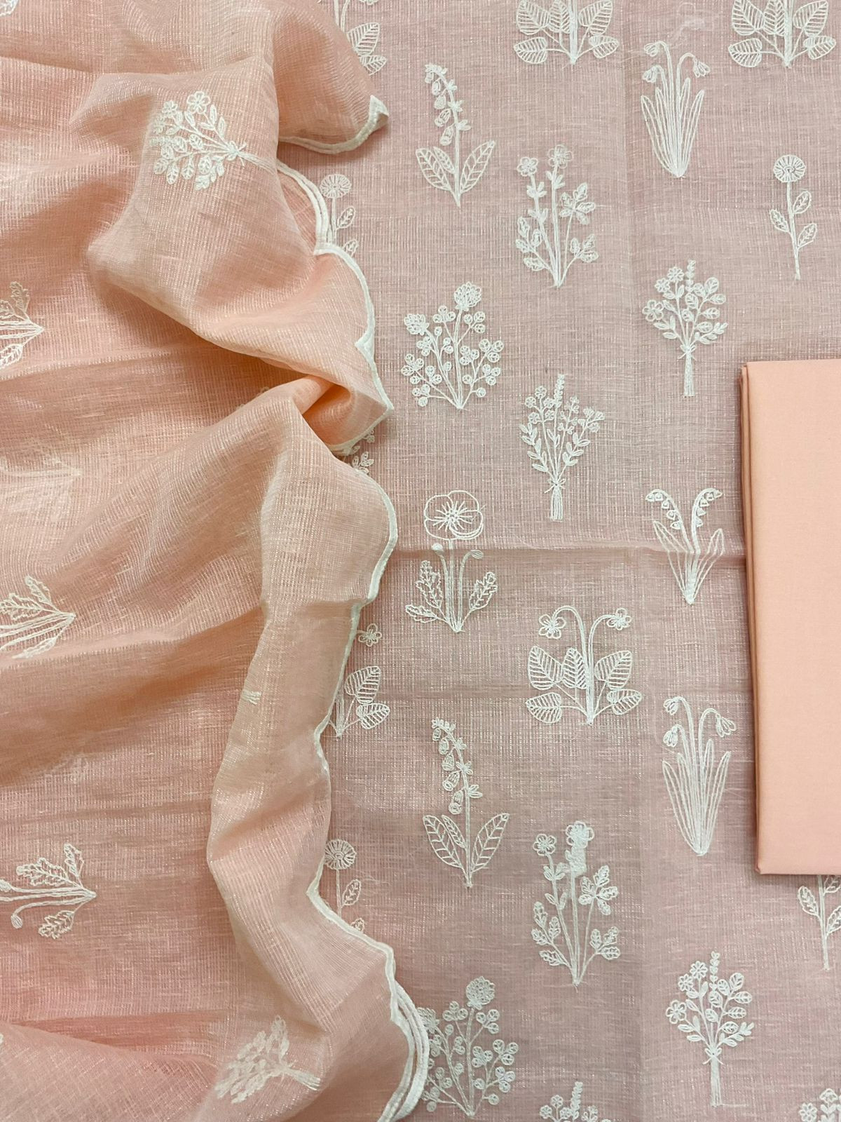 Soft Fine Tissue Kota Silk Embroidered Suit - Peach