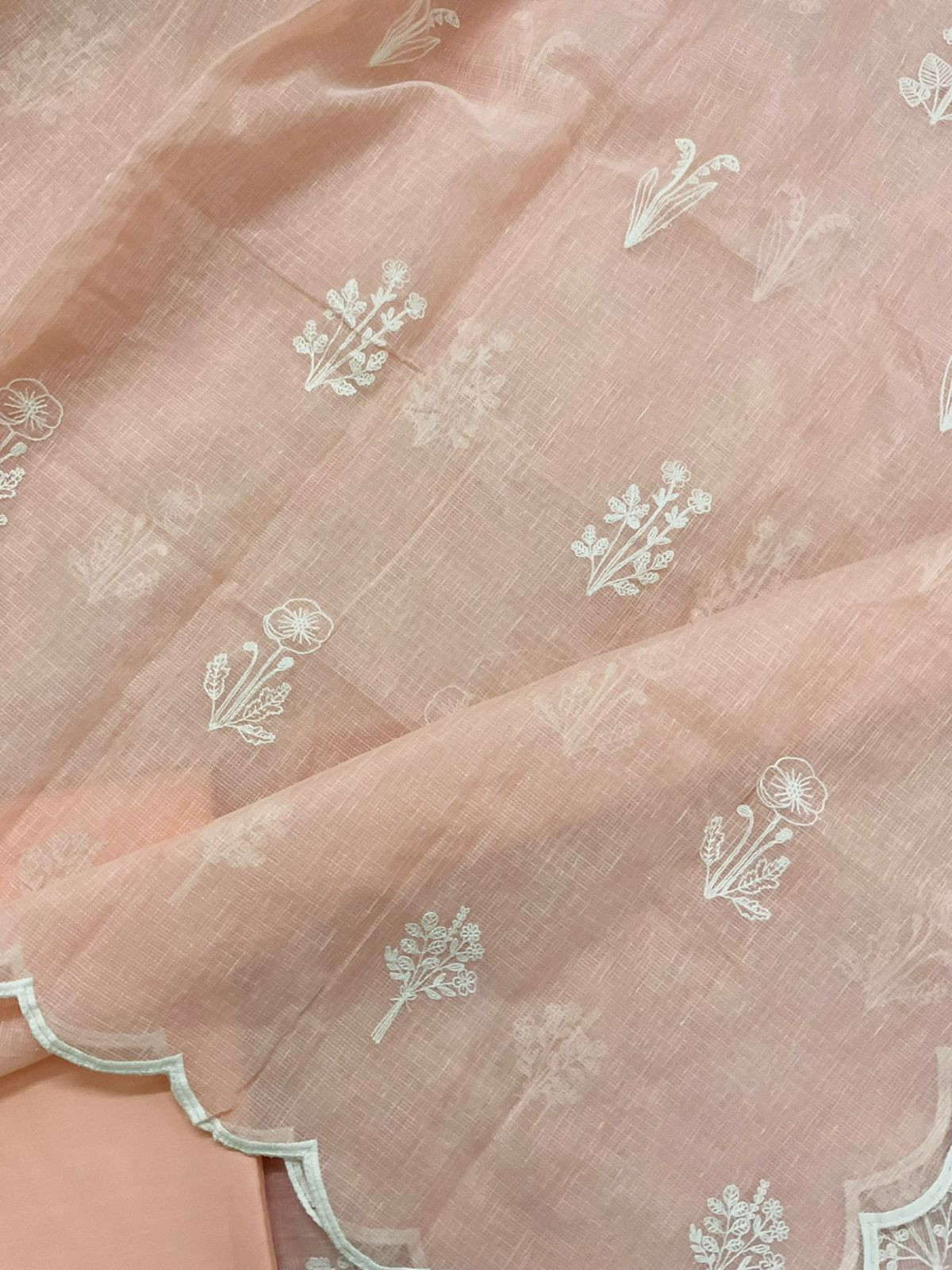 Soft Fine Tissue Kota Silk Embroidered Suit - Peach