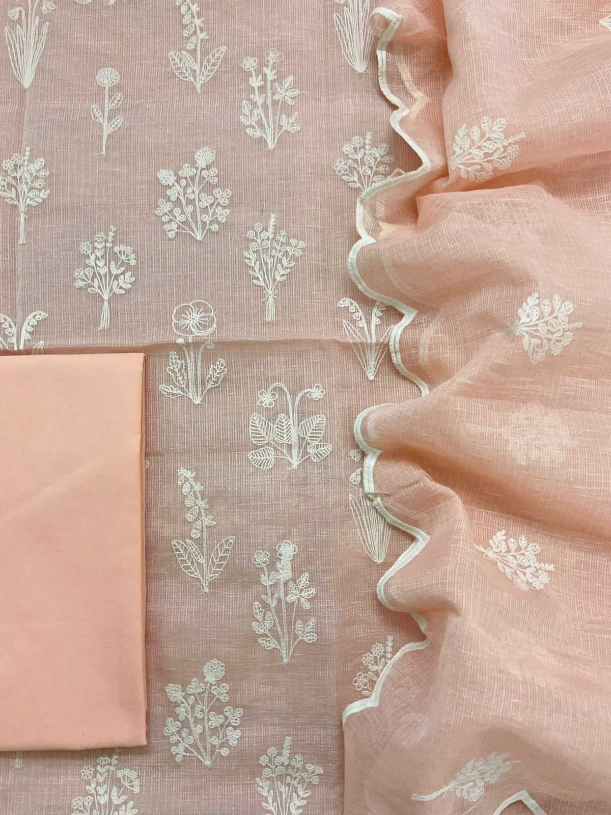 Soft Fine Tissue Kota Silk Embroidered Suit - Peach