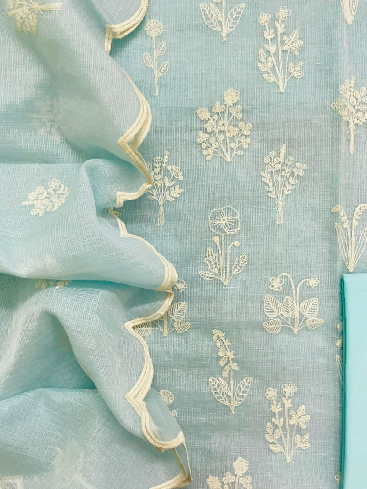 Soft Fine Tissue Kota Silk Embroidered Suit - Blue