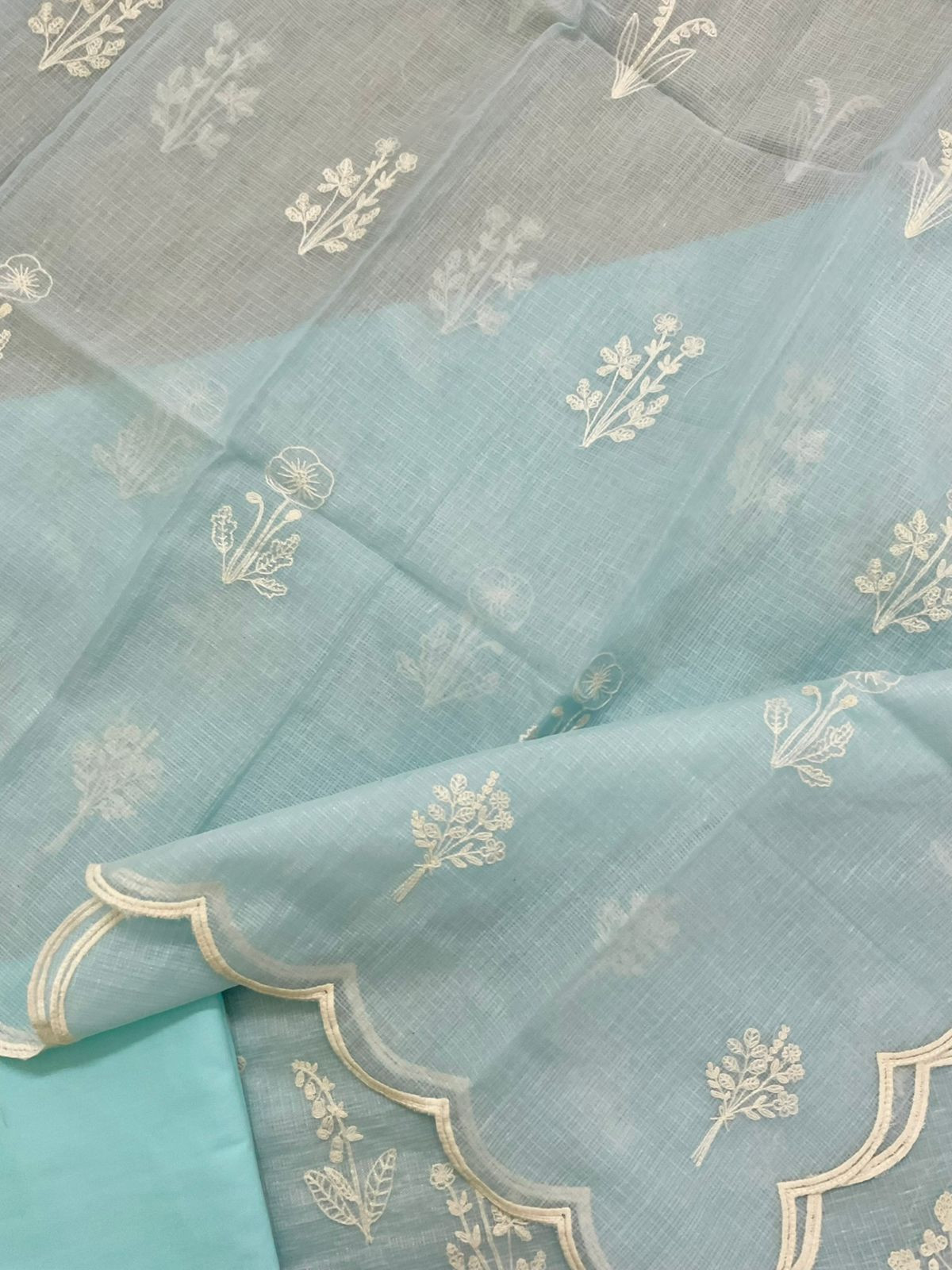 Soft Fine Tissue Kota Silk Embroidered Suit - Blue
