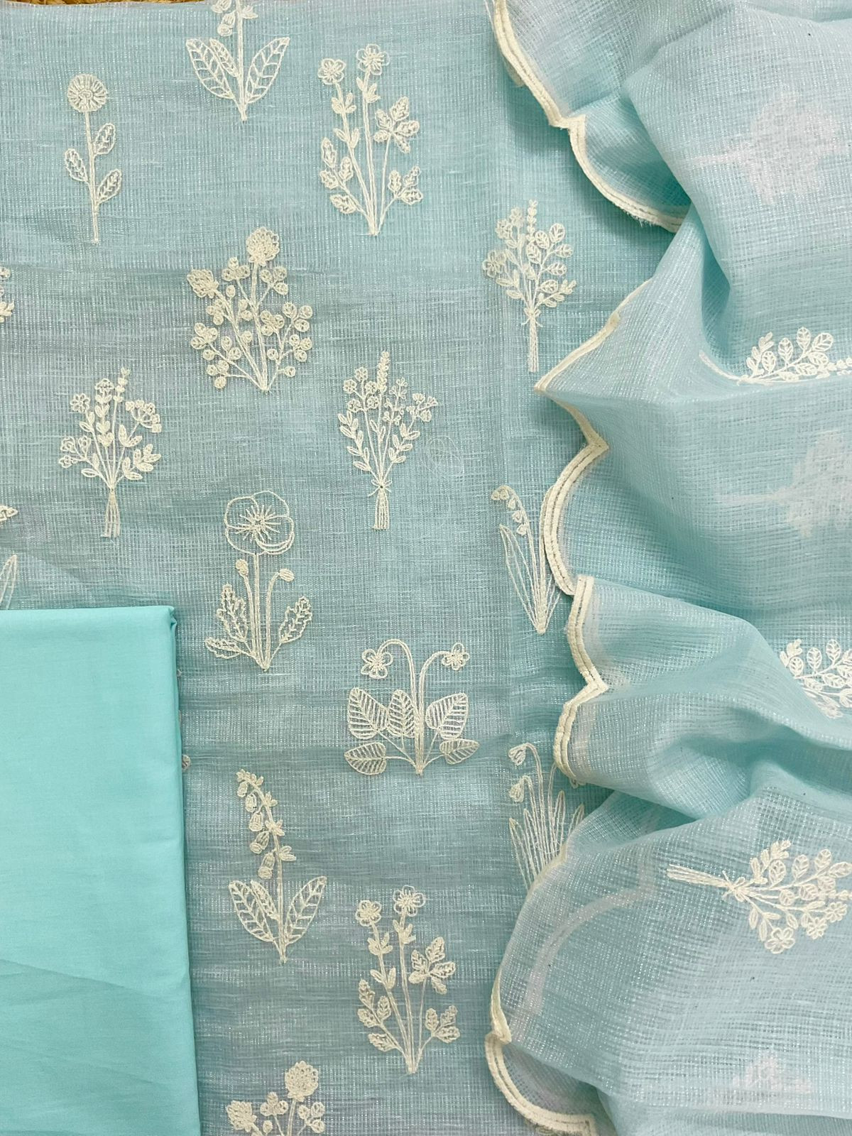 Soft Fine Tissue Kota Silk Embroidered Suit - Blue