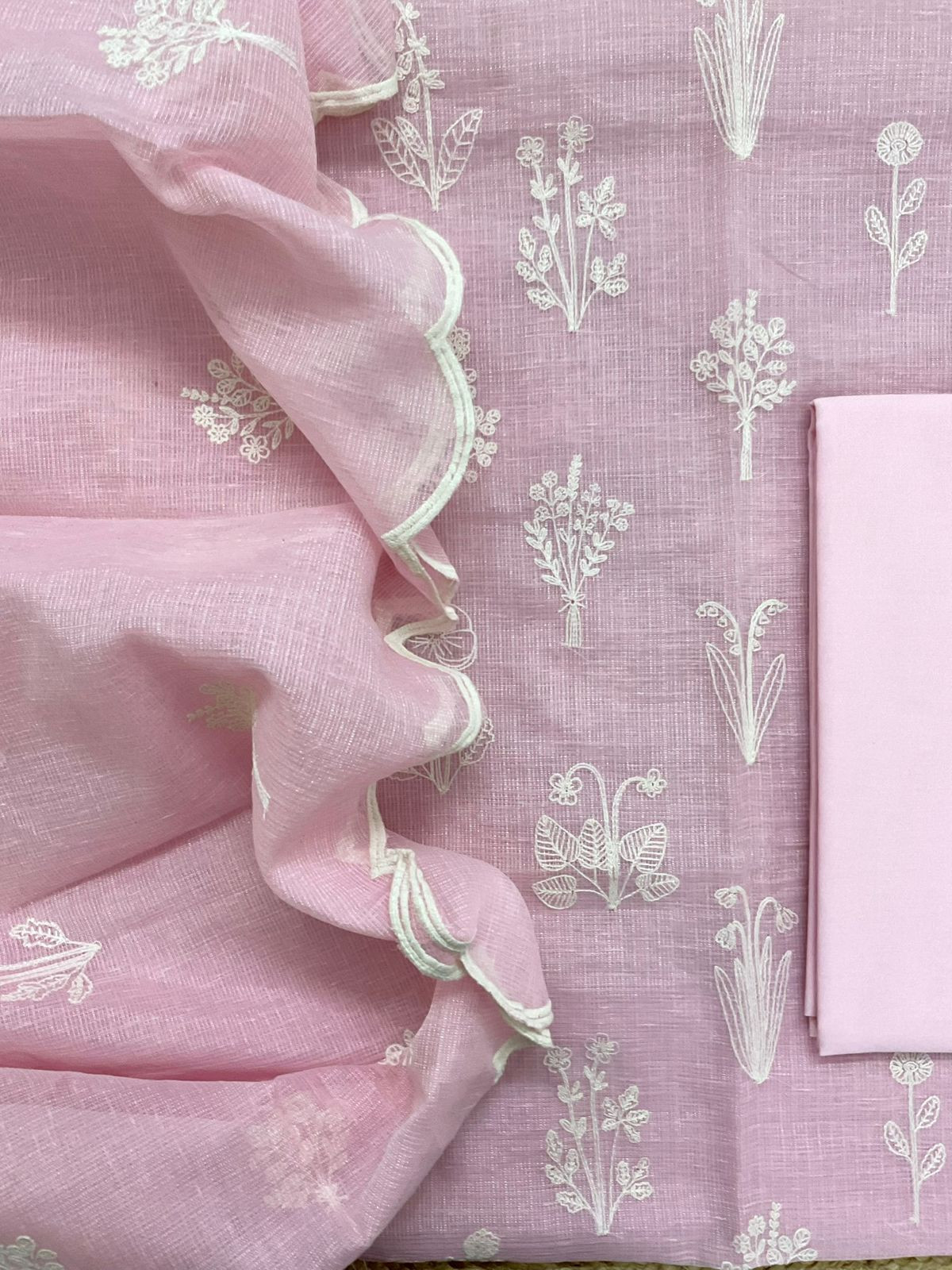 Soft Fine Tissue Kota Silk Embroidered Suit - Pink