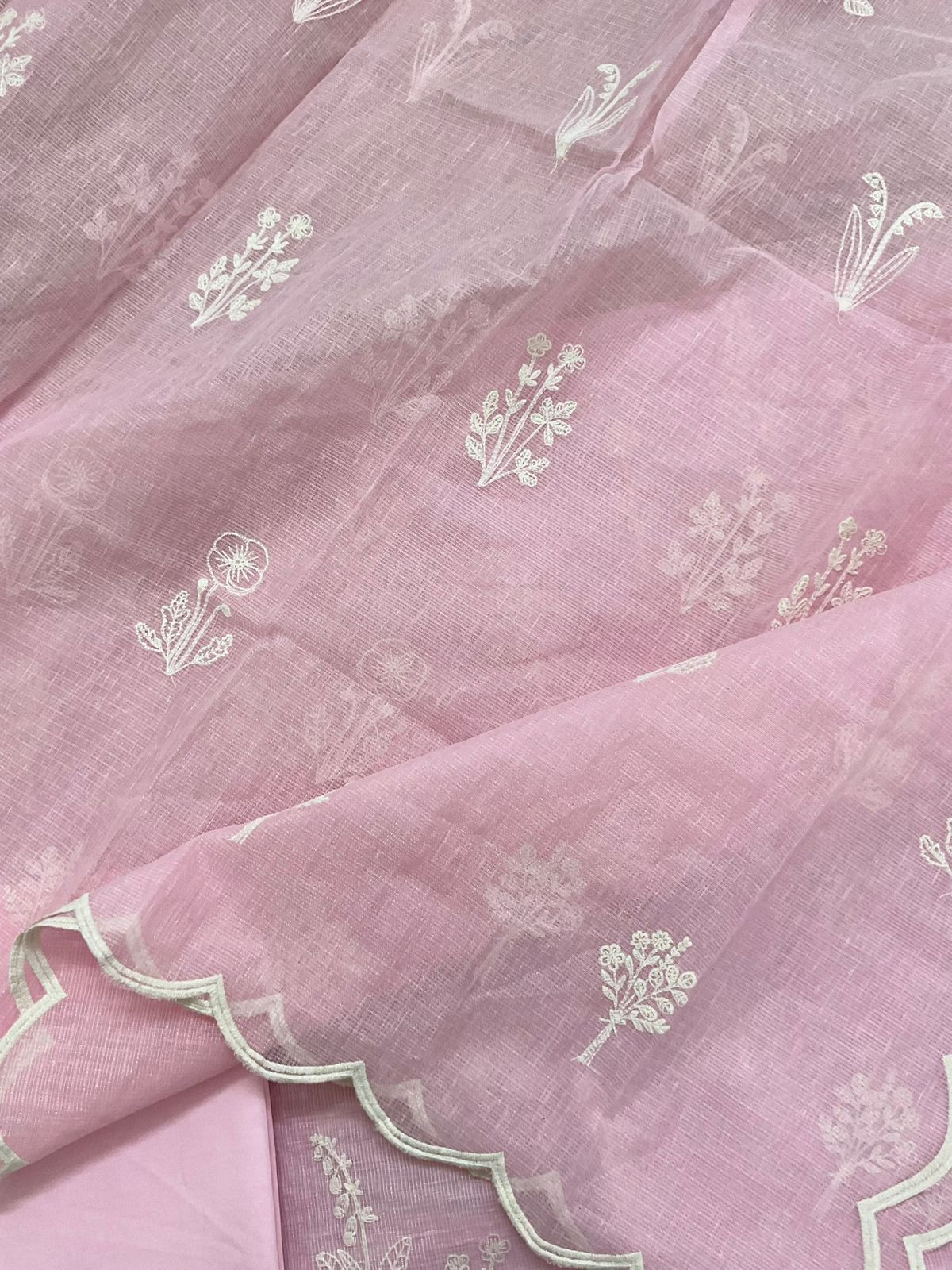 Soft Fine Tissue Kota Silk Embroidered Suit - Pink
