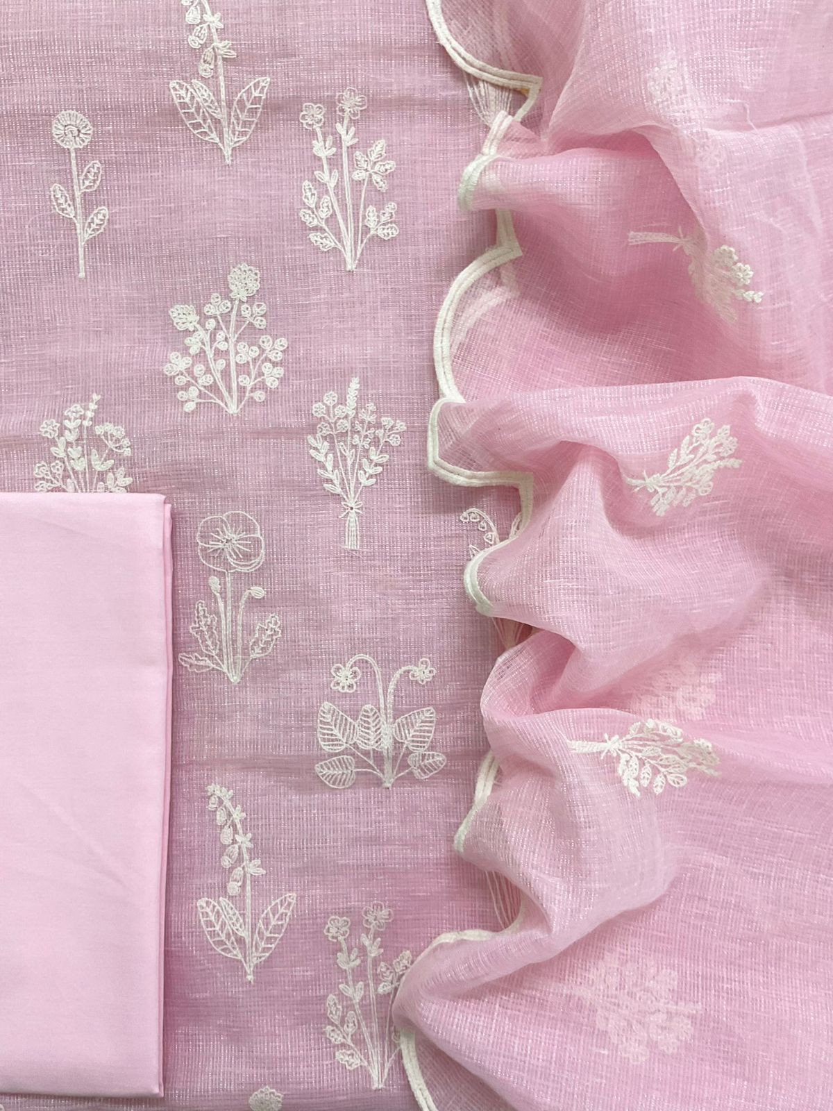 Soft Fine Tissue Kota Silk Embroidered Suit - Pink