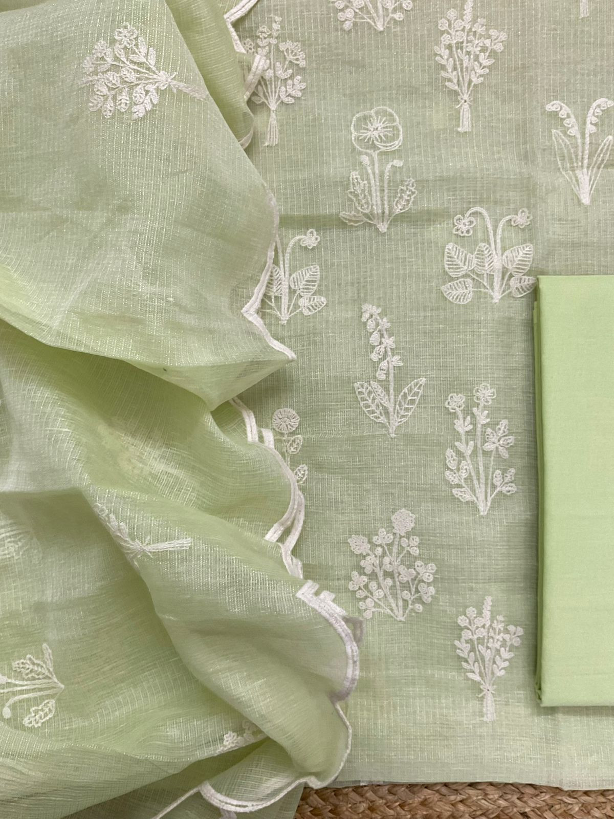 Soft Fine Tissue Kota Silk Embroidered Suit - Green