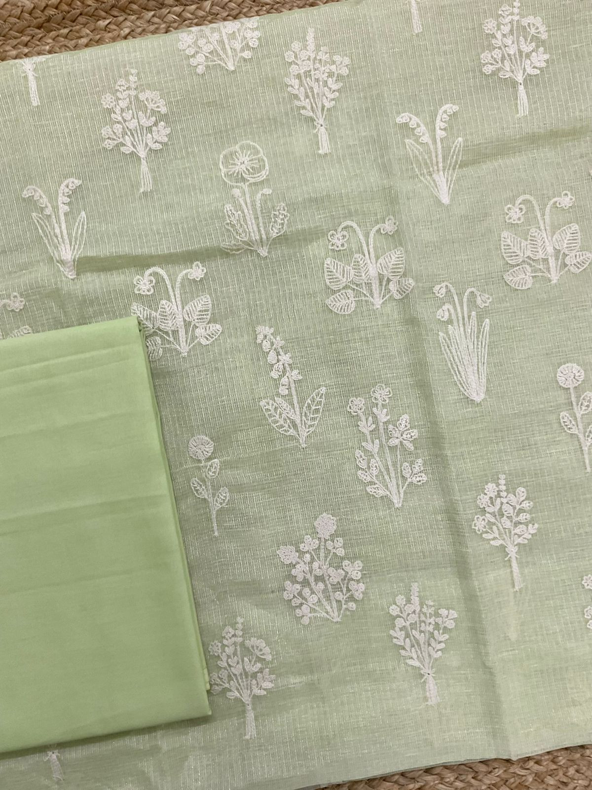 Soft Fine Tissue Kota Silk Embroidered Suit - Green