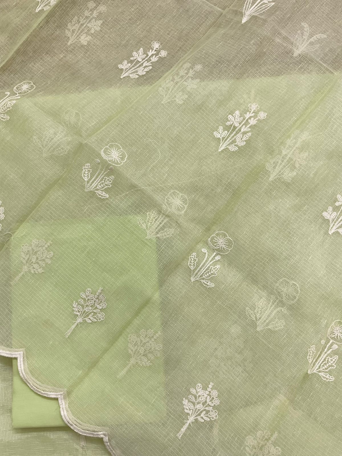 Soft Fine Tissue Kota Silk Embroidered Suit - Green