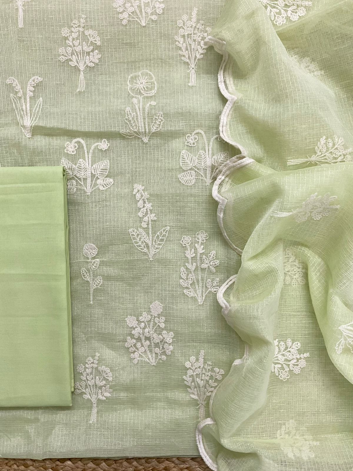 Soft Fine Tissue Kota Silk Embroidered Suit - Green