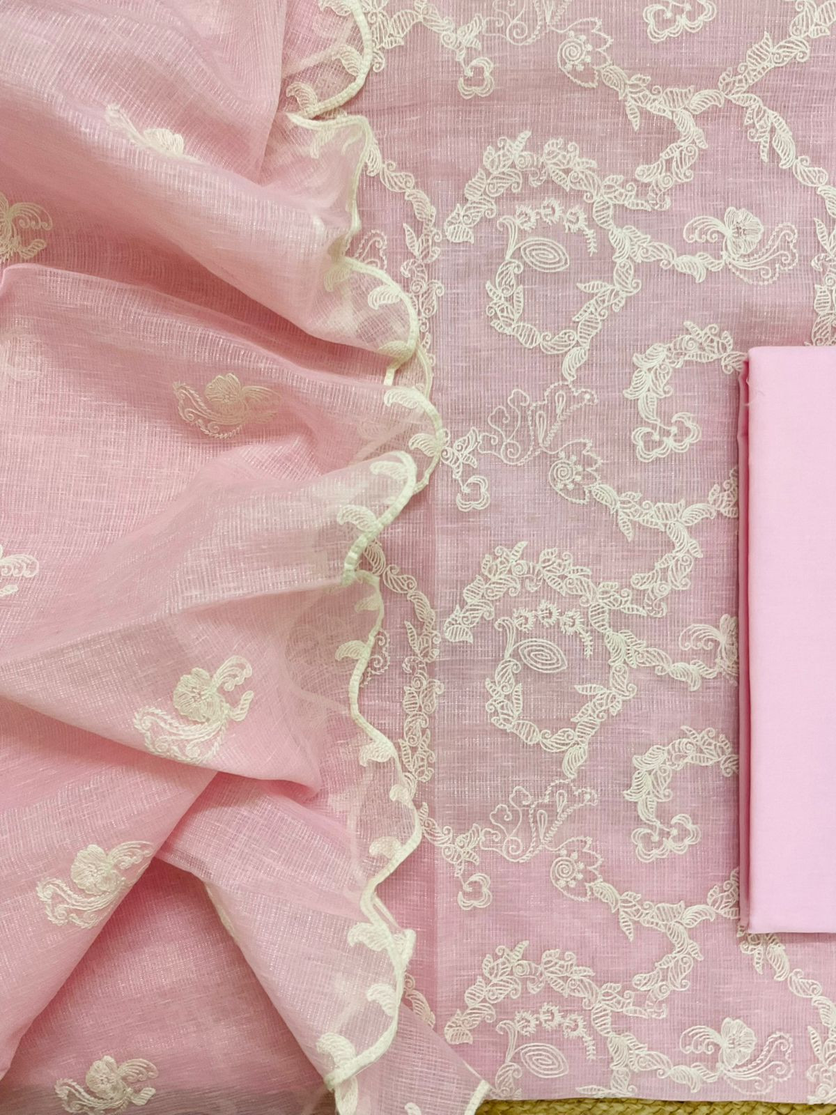 Soft Fine Tissue Kota Silk Embroidered Suit - Pink