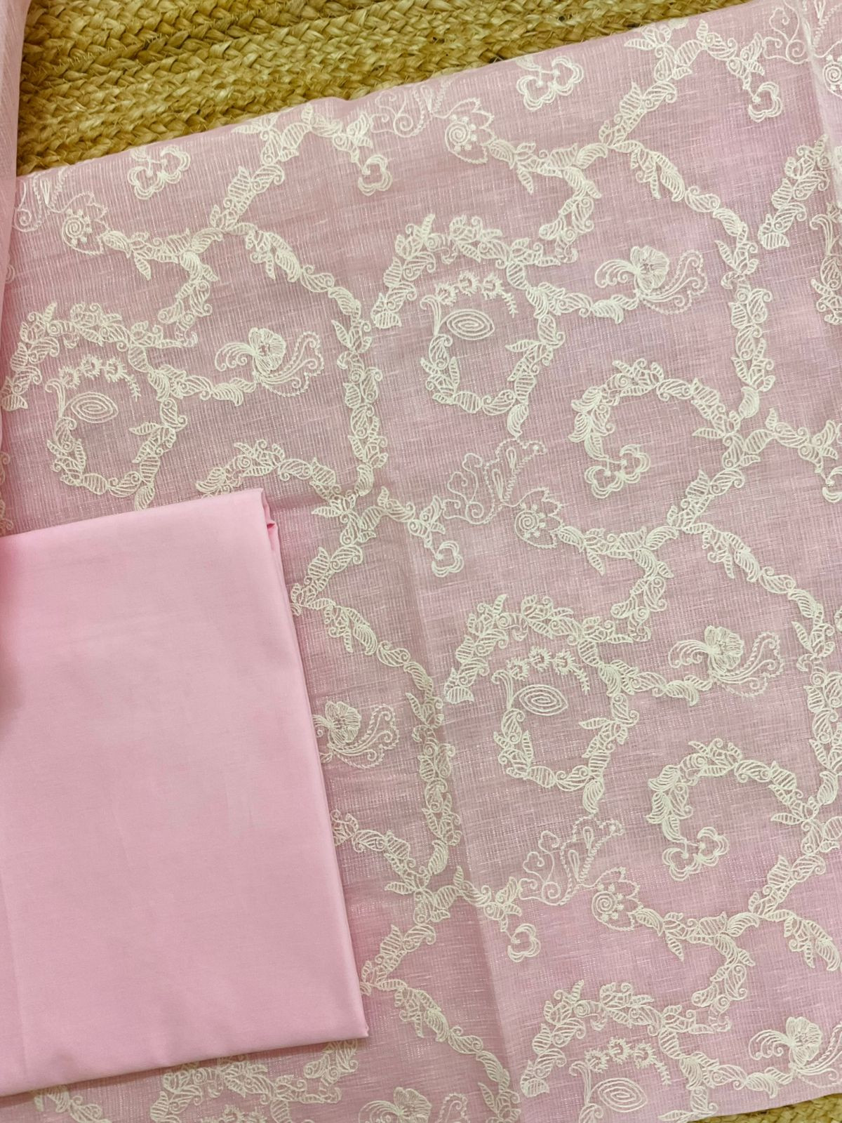 Soft Fine Tissue Kota Silk Embroidered Suit - Pink