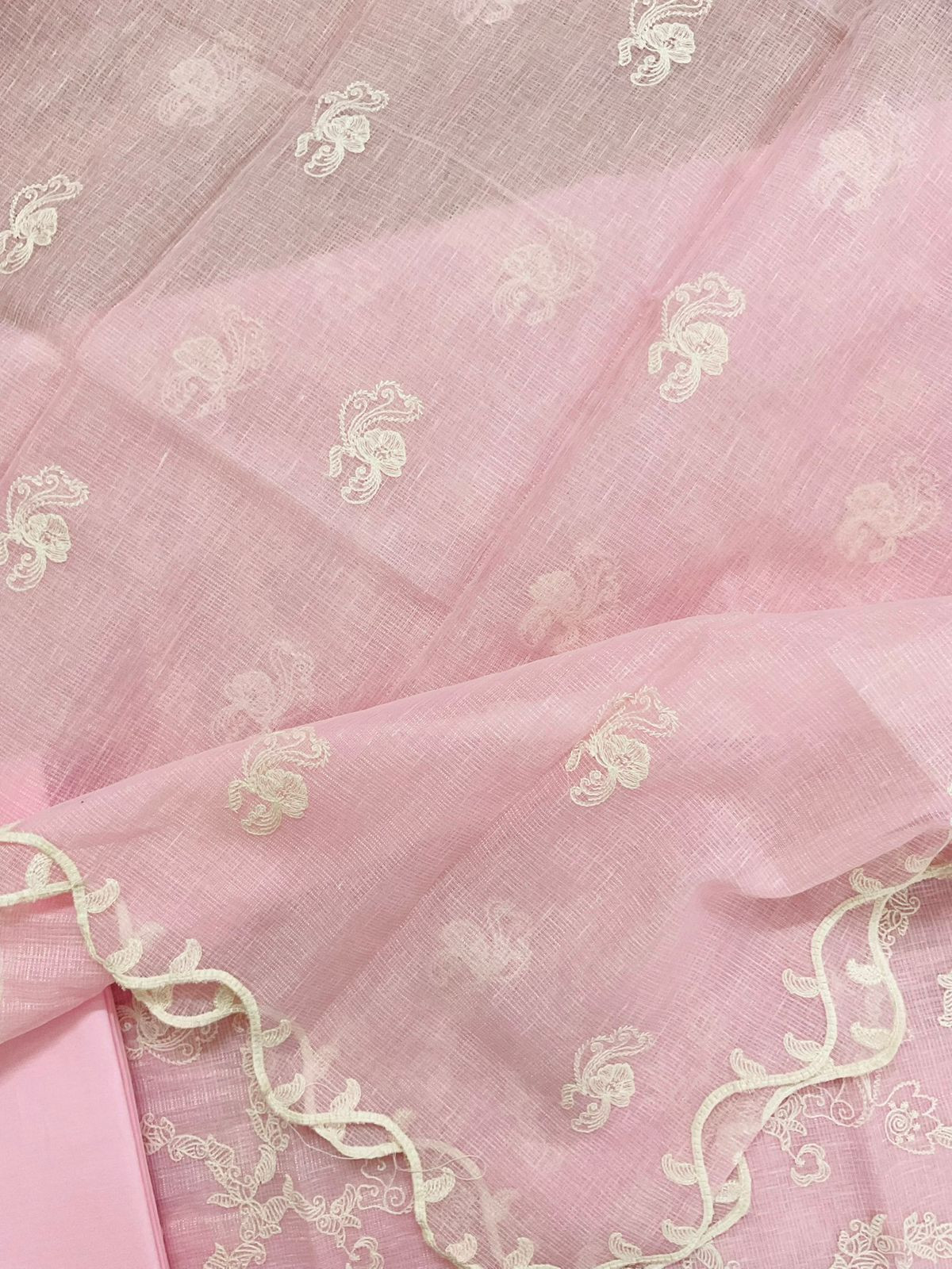 Soft Fine Tissue Kota Silk Embroidered Suit - Pink