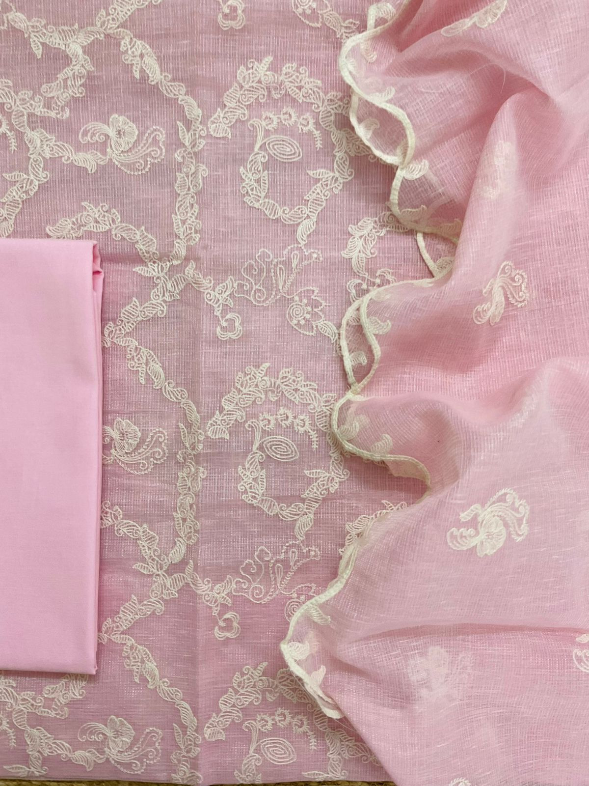 Soft Fine Tissue Kota Silk Embroidered Suit - Pink