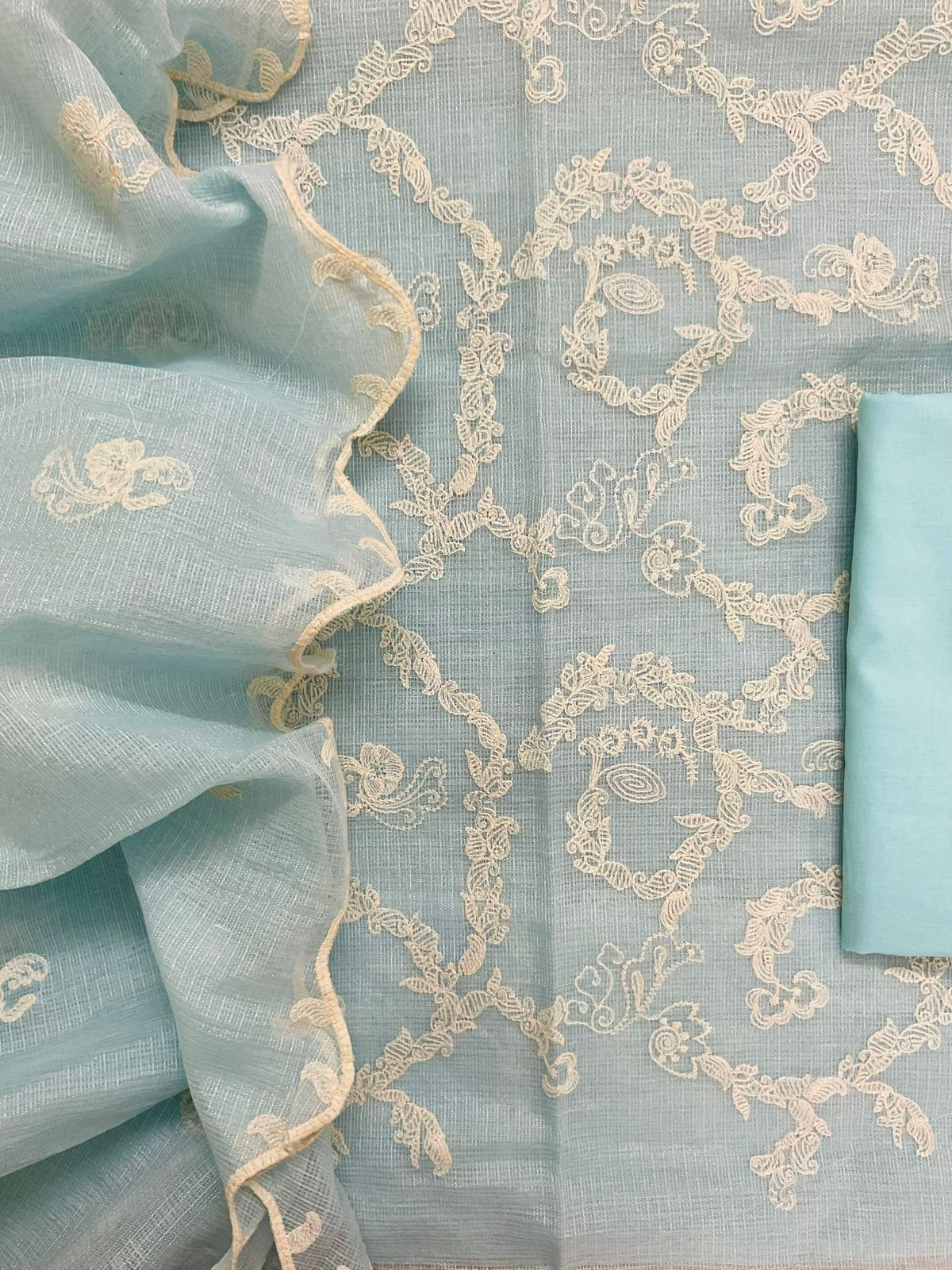 Soft Fine Tissue Kota Silk Embroidered Suit - Blue