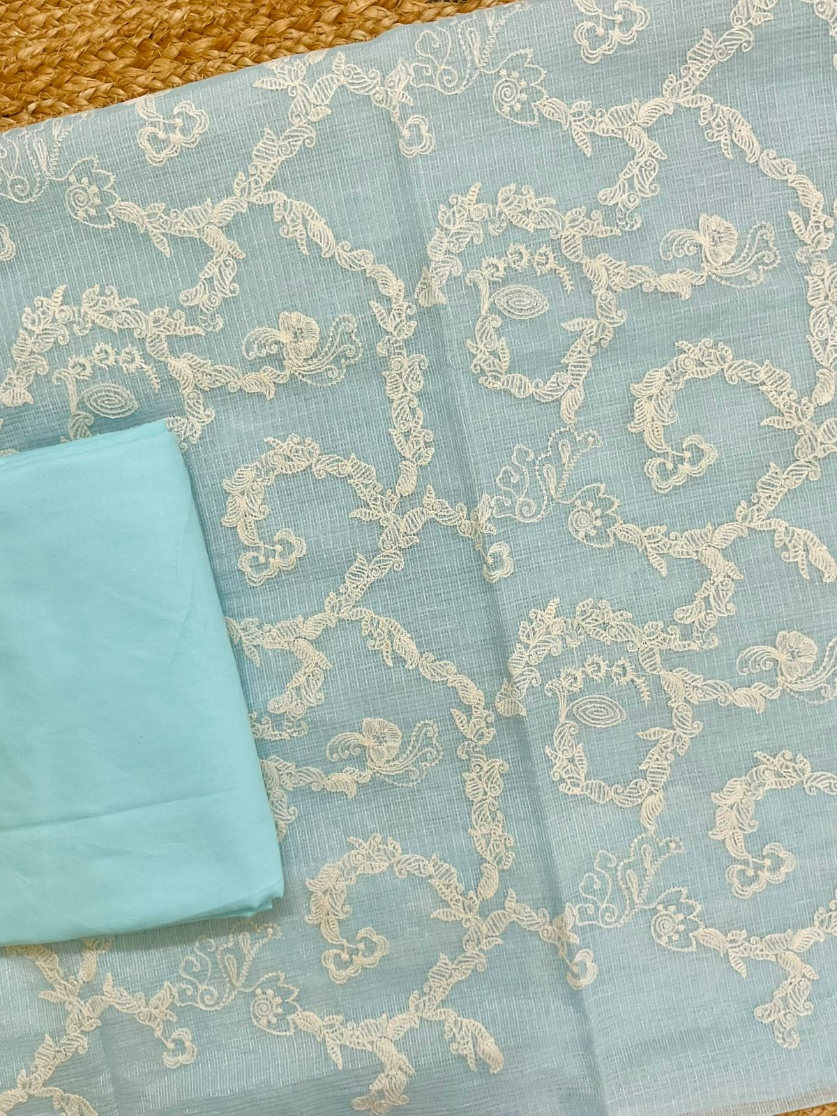 Soft Fine Tissue Kota Silk Embroidered Suit - Blue