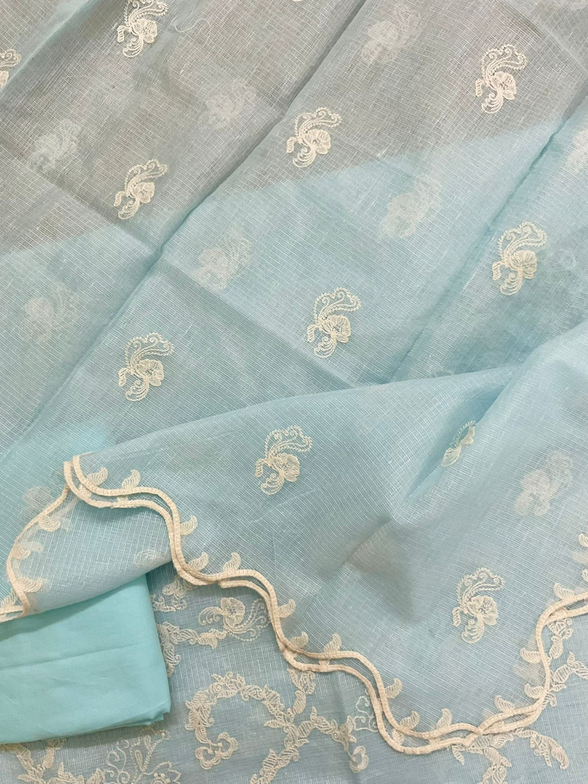 Soft Fine Tissue Kota Silk Embroidered Suit - Blue