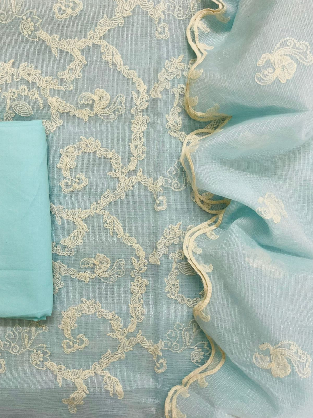 Soft Fine Tissue Kota Silk Embroidered Suit - Blue