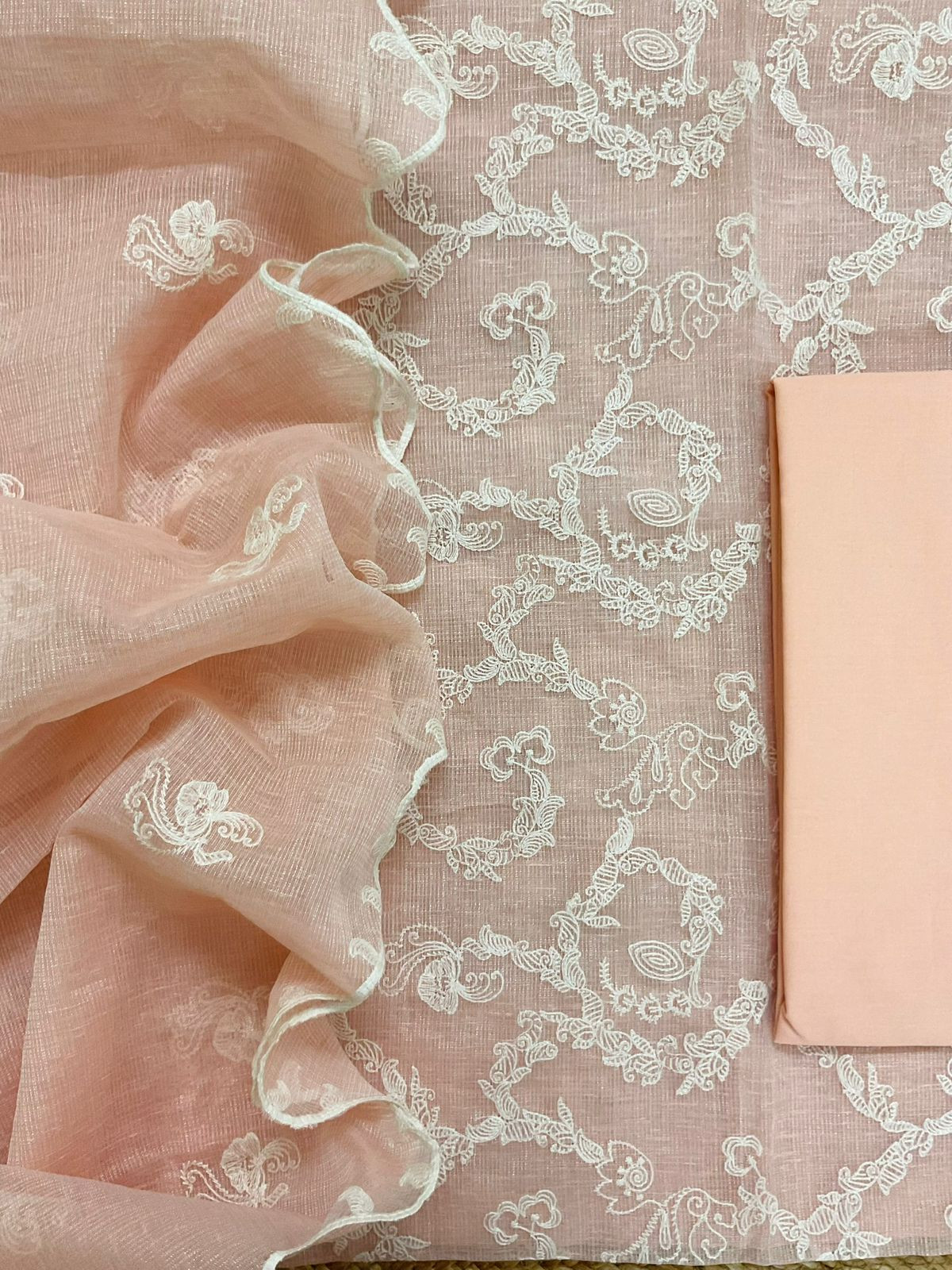 Soft Fine Tissue Kota Silk Embroidered Suit - Peach