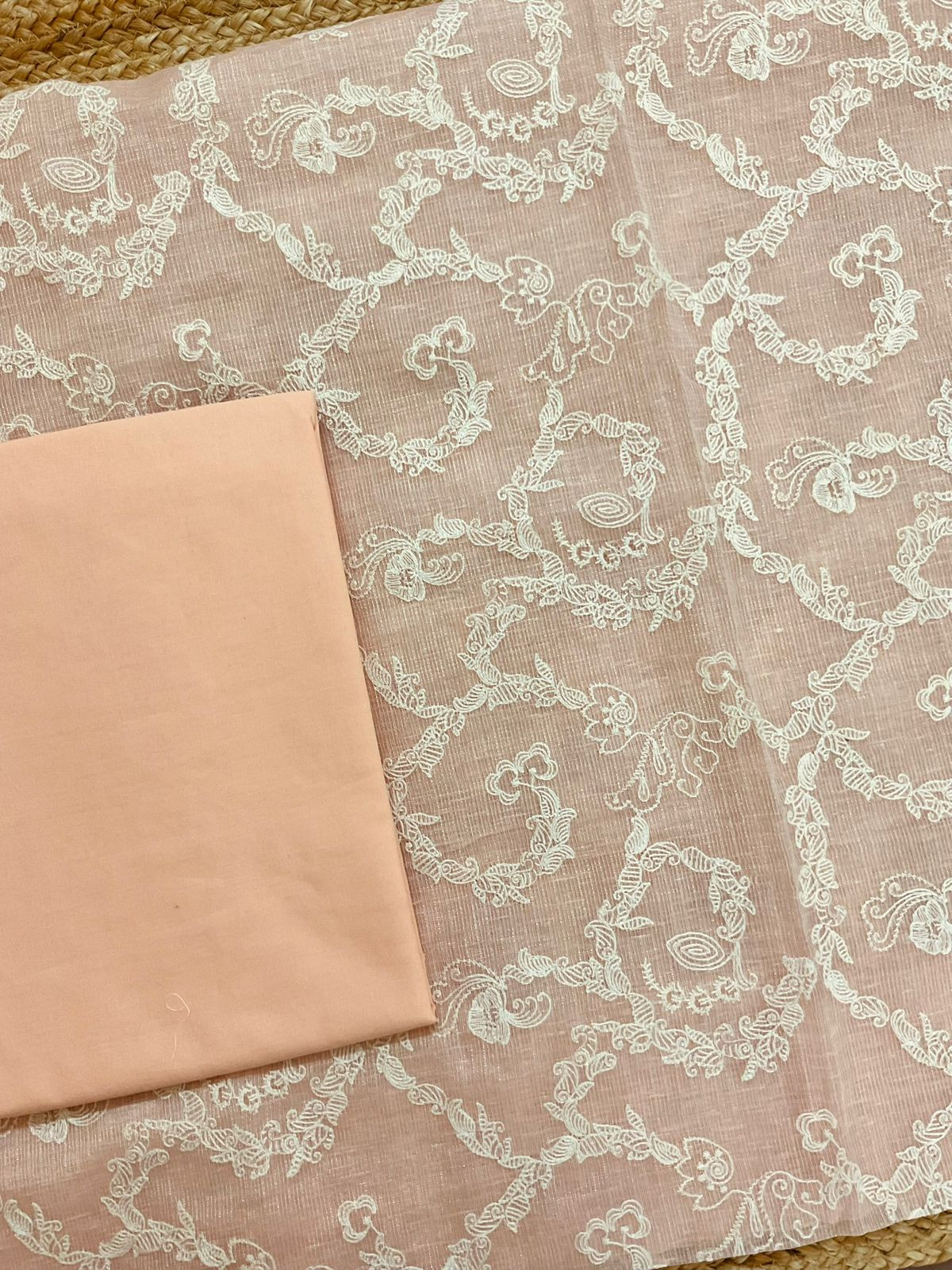 Soft Fine Tissue Kota Silk Embroidered Suit - Peach