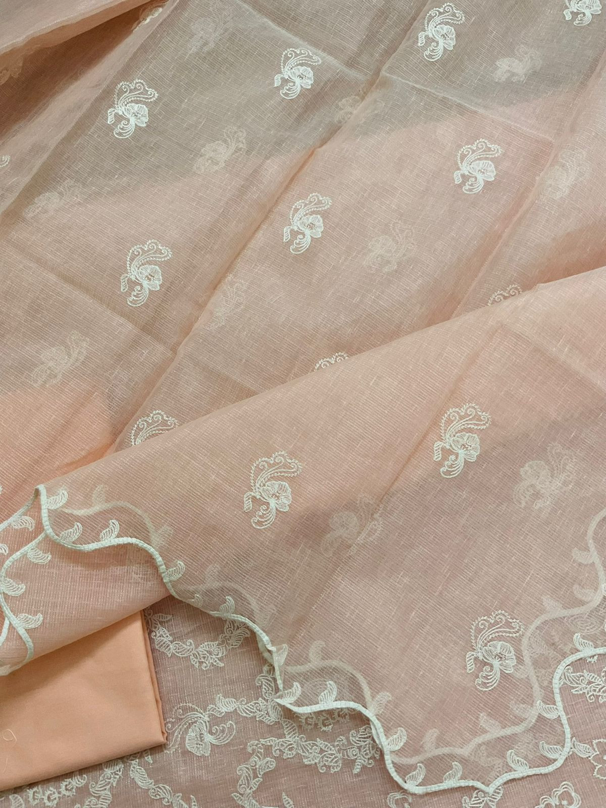 Soft Fine Tissue Kota Silk Embroidered Suit - Peach