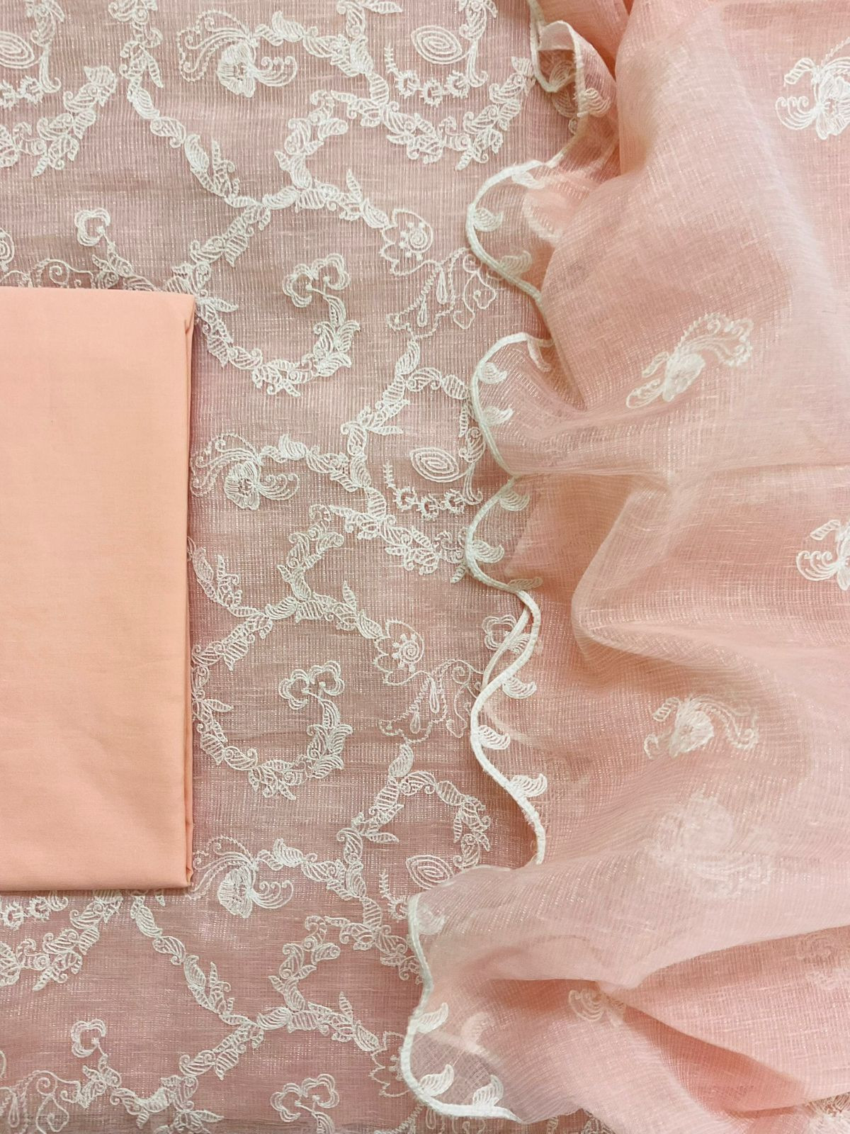Soft Fine Tissue Kota Silk Embroidered Suit - Peach