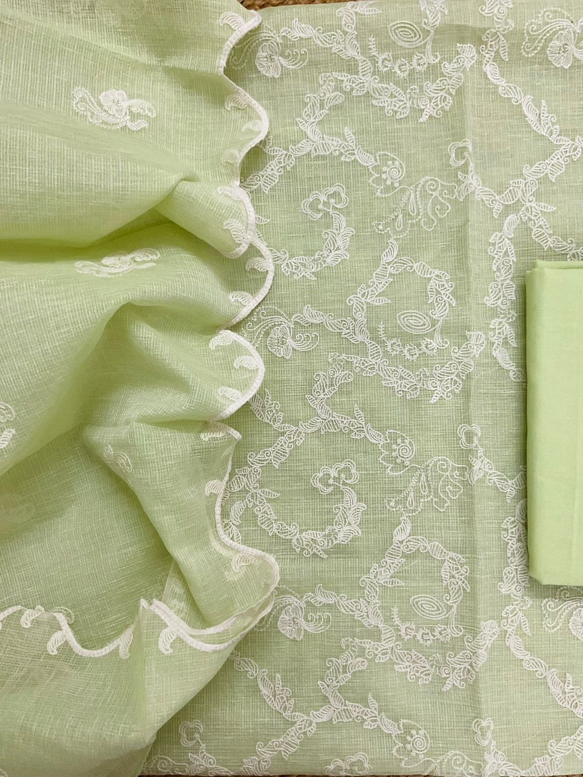 Soft Fine Tissue Kota Silk Embroidered Suit - Green