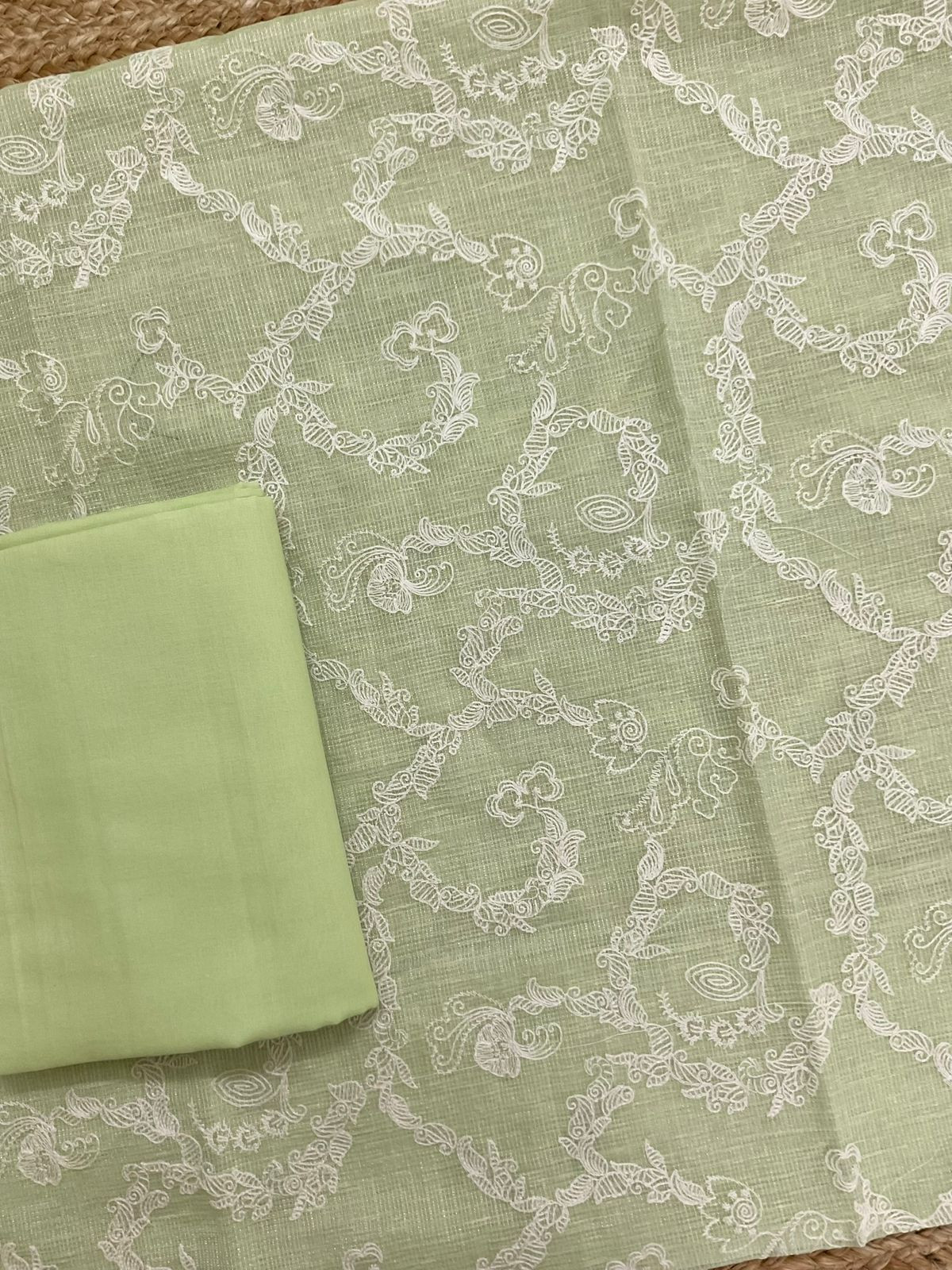 Soft Fine Tissue Kota Silk Embroidered Suit - Green