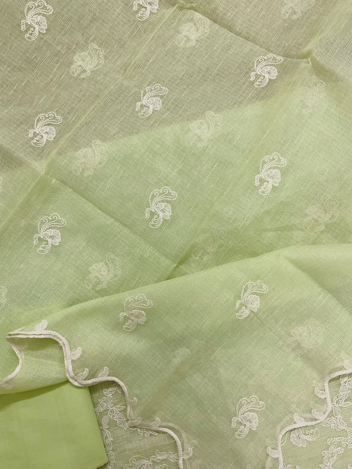 Soft Fine Tissue Kota Silk Embroidered Suit - Green