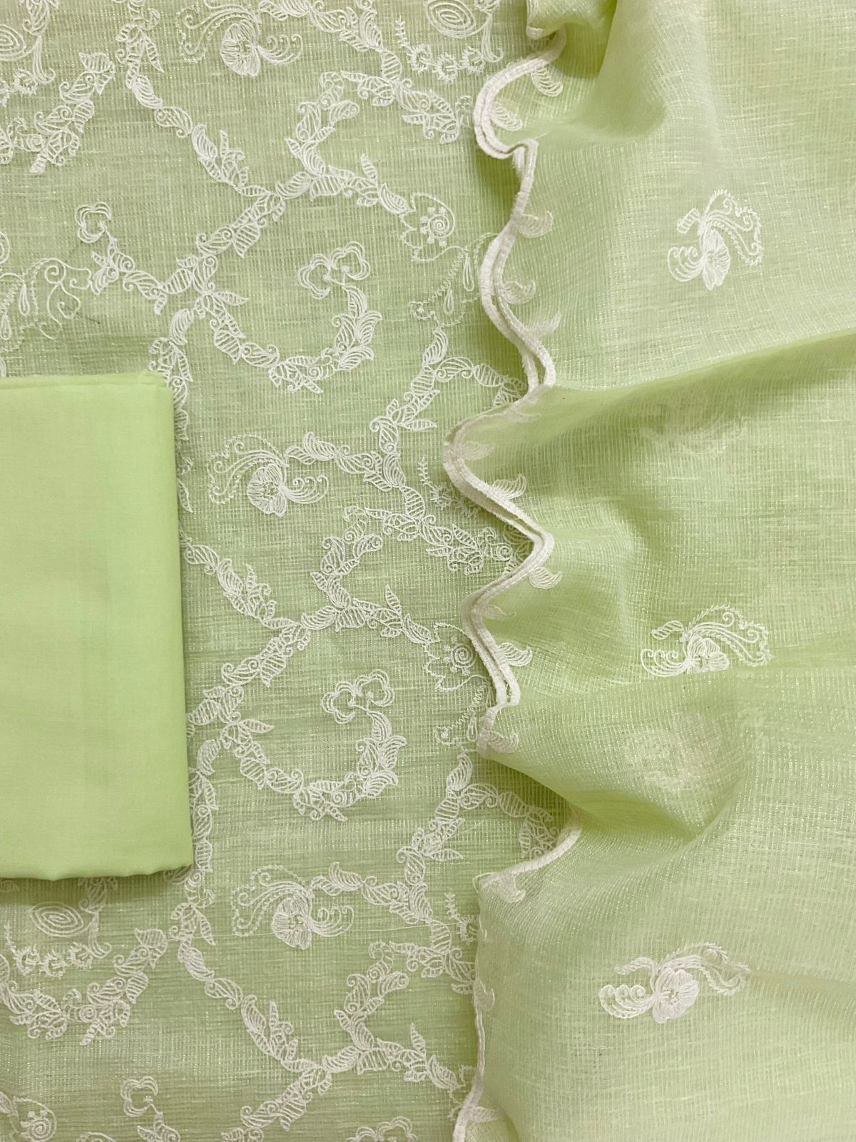 Soft Fine Tissue Kota Silk Embroidered Suit - Green