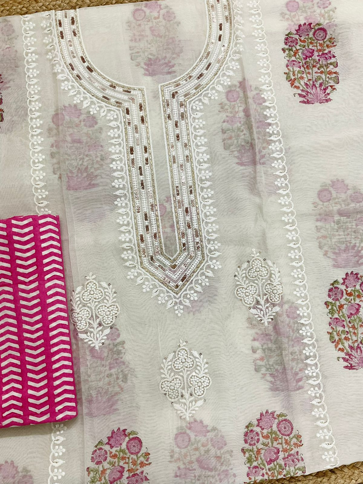 Pure Chanderi Printed Embroidered Suit - Offwhite