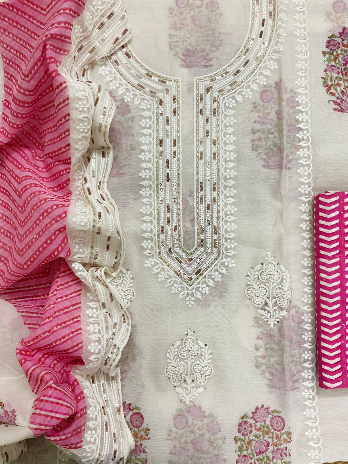 Pure Chanderi Printed Embroidered Suit - Offwhite