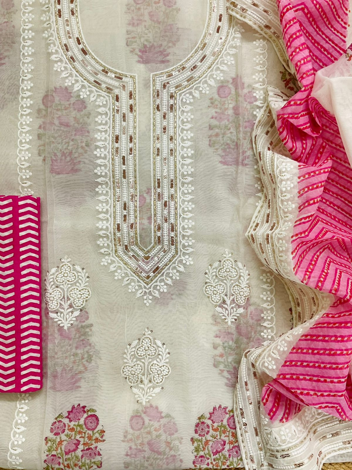 Pure Chanderi Printed Embroidered Suit - Offwhite