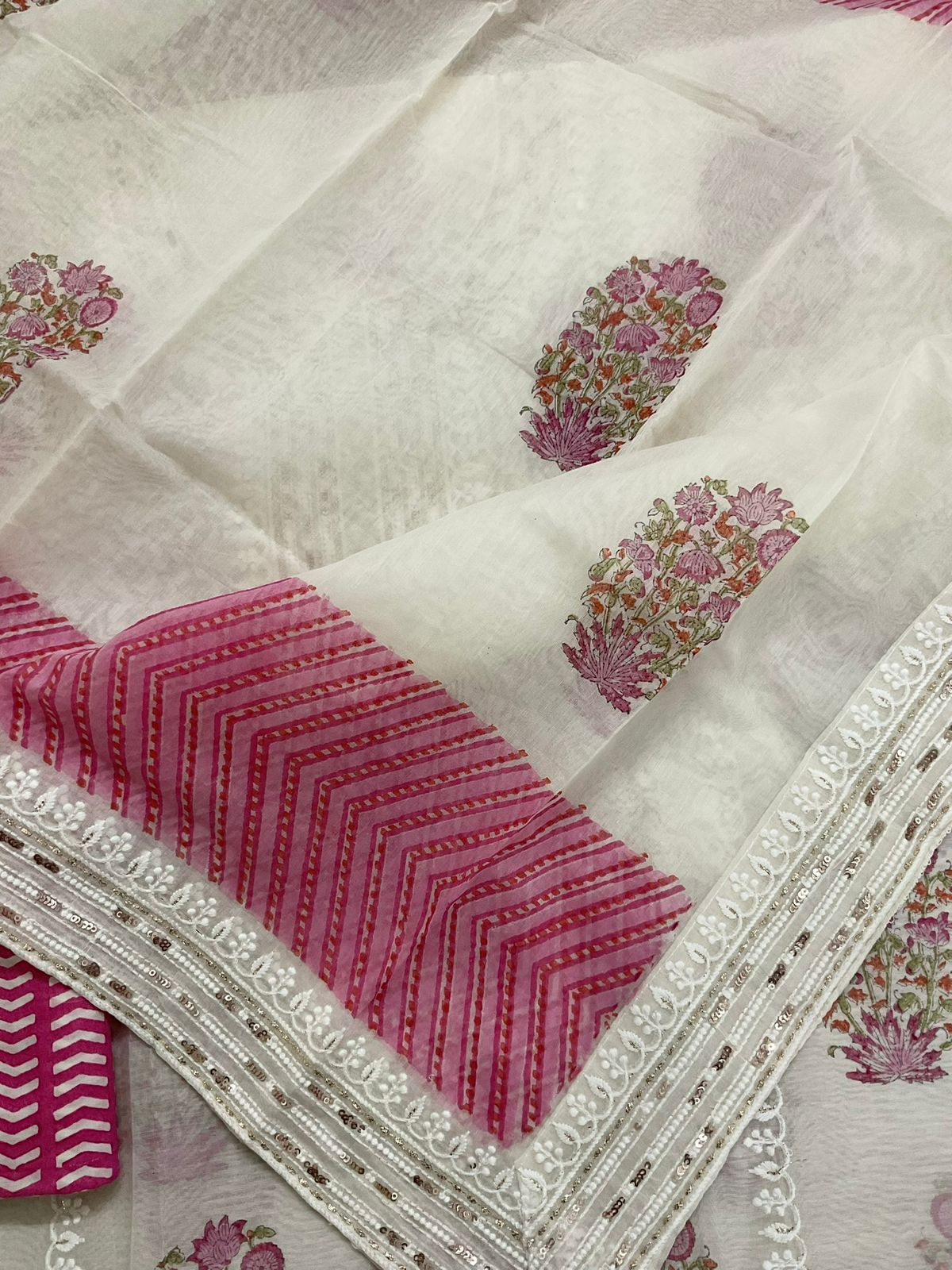 Pure Chanderi Printed Embroidered Suit - Offwhite