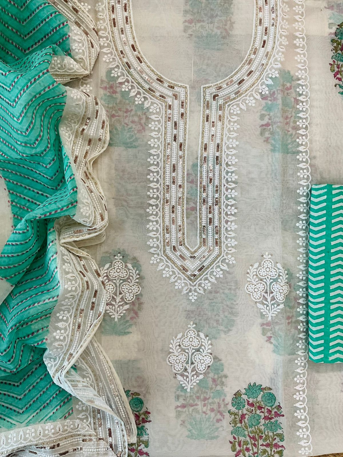 Pure Chanderi Printed Embroidered Suit - Offwhite