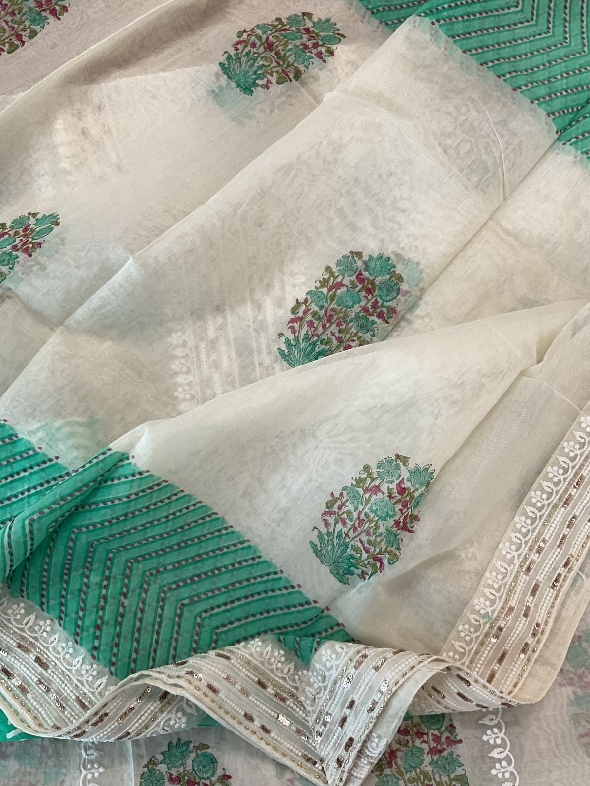 Pure Chanderi Printed Embroidered Suit - Offwhite