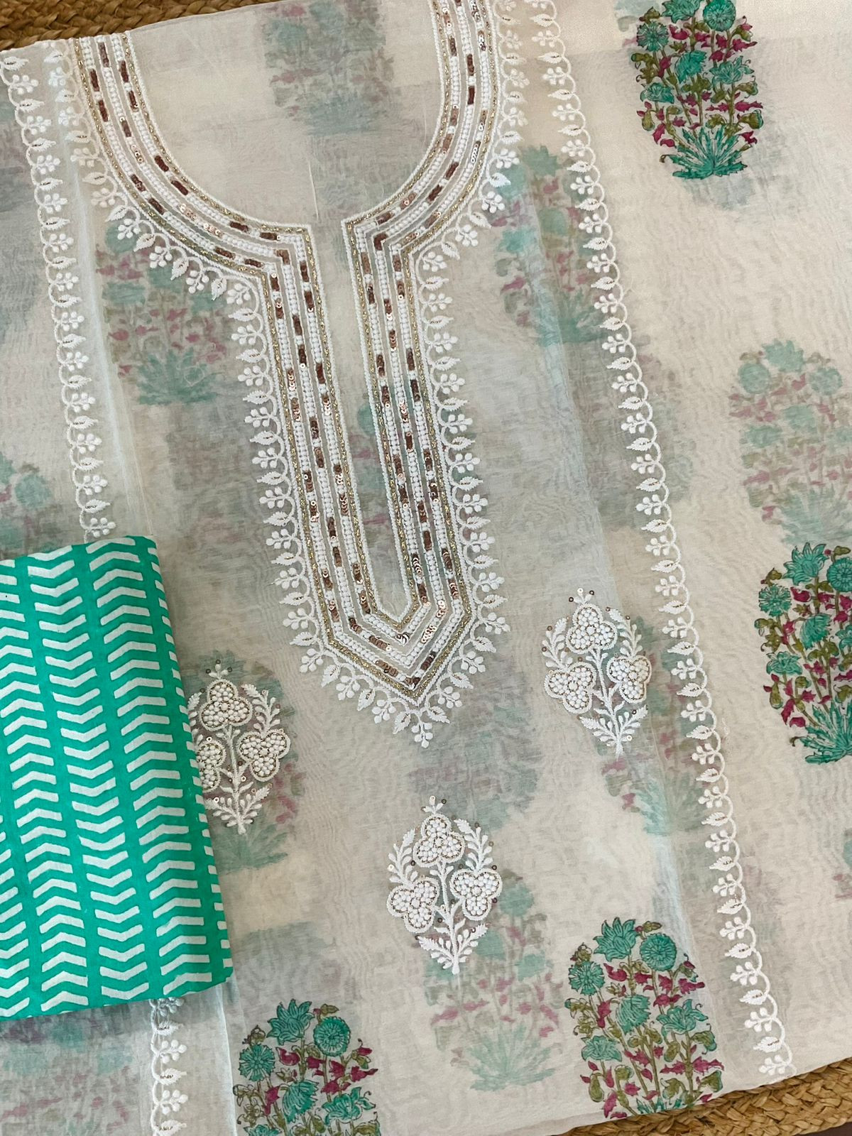 Pure Chanderi Printed Embroidered Suit - Offwhite