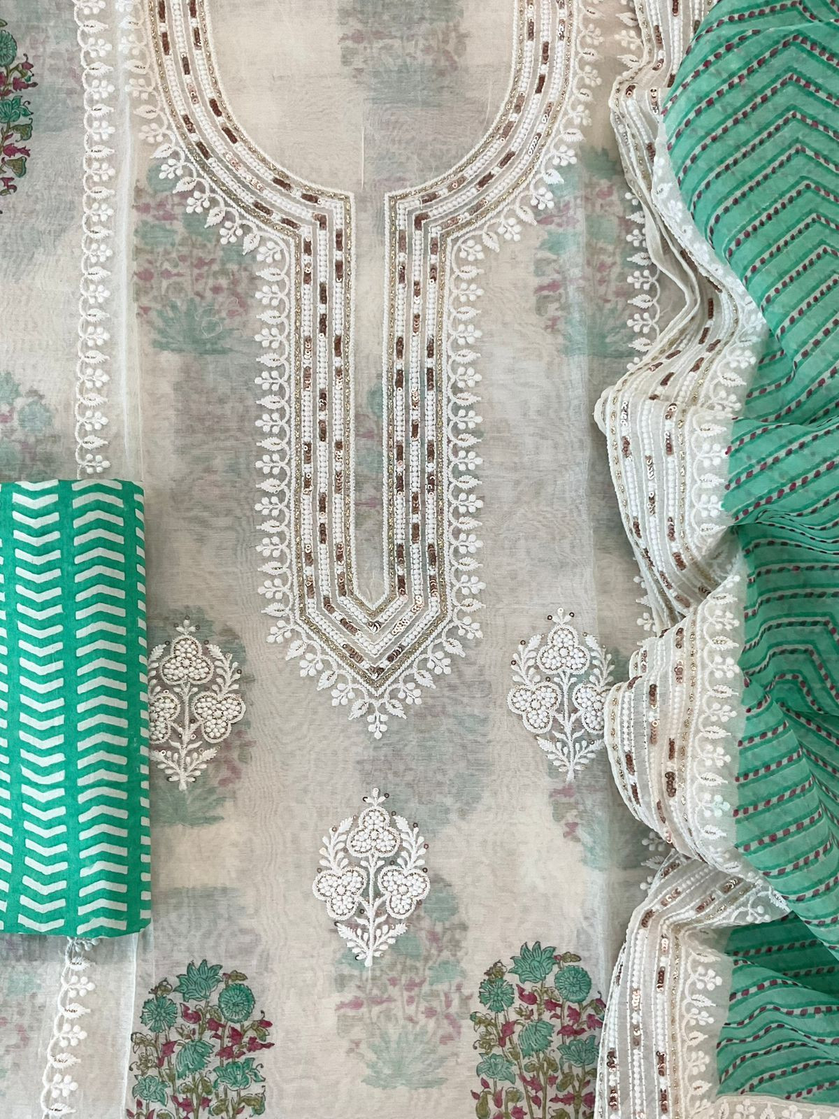 Pure Chanderi Printed Embroidered Suit - Offwhite