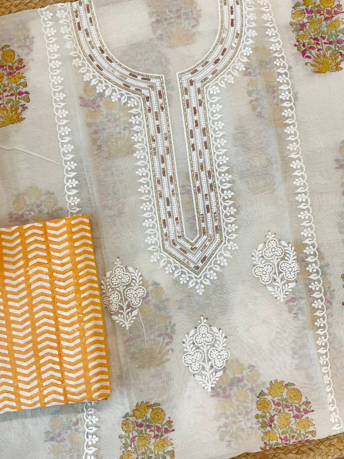 Pure Chanderi Printed Embroidered Suit - Offwhite