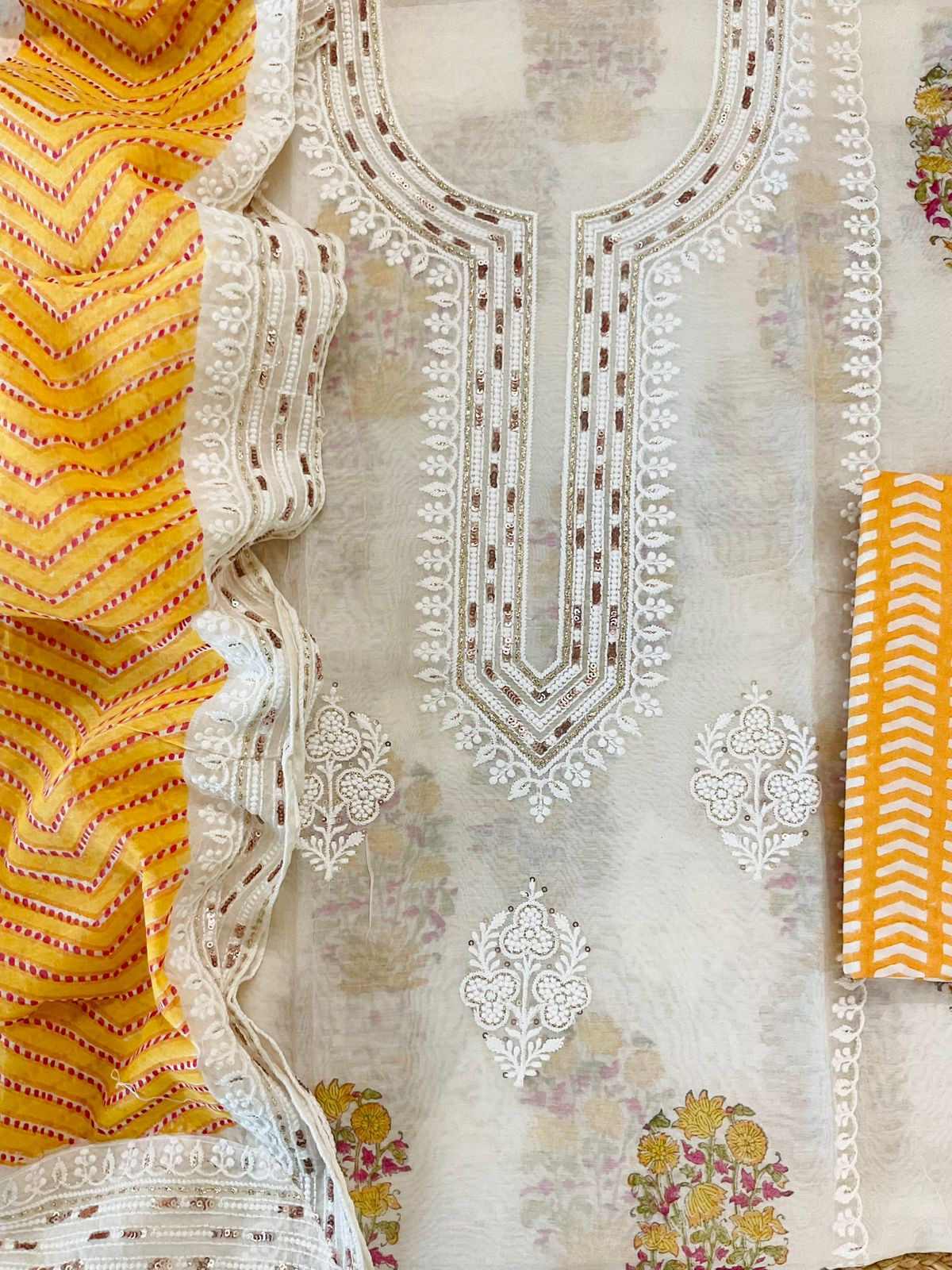 Pure Chanderi Printed Embroidered Suit - Offwhite
