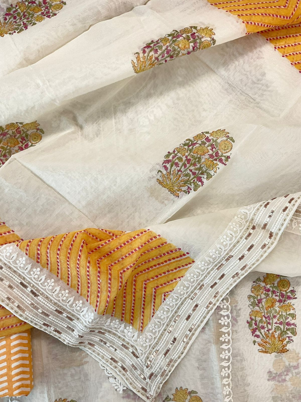 Pure Chanderi Printed Embroidered Suit - Offwhite