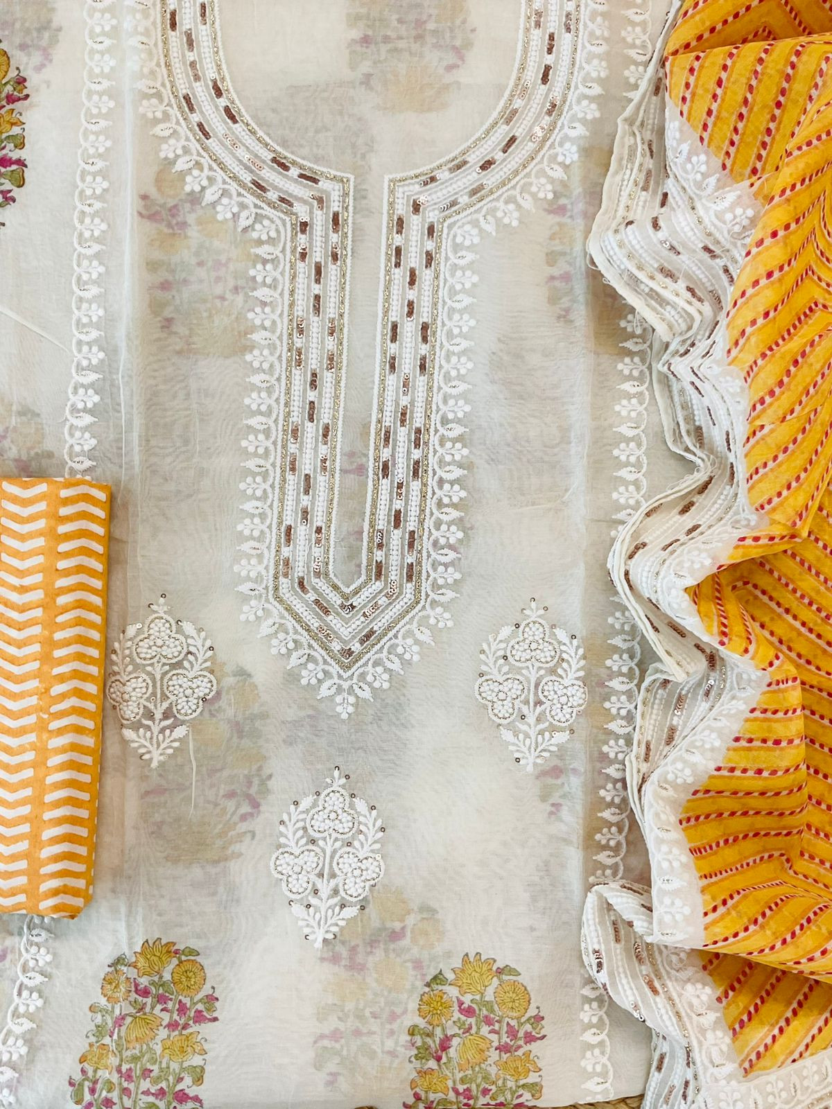 Pure Chanderi Printed Embroidered Suit - Offwhite