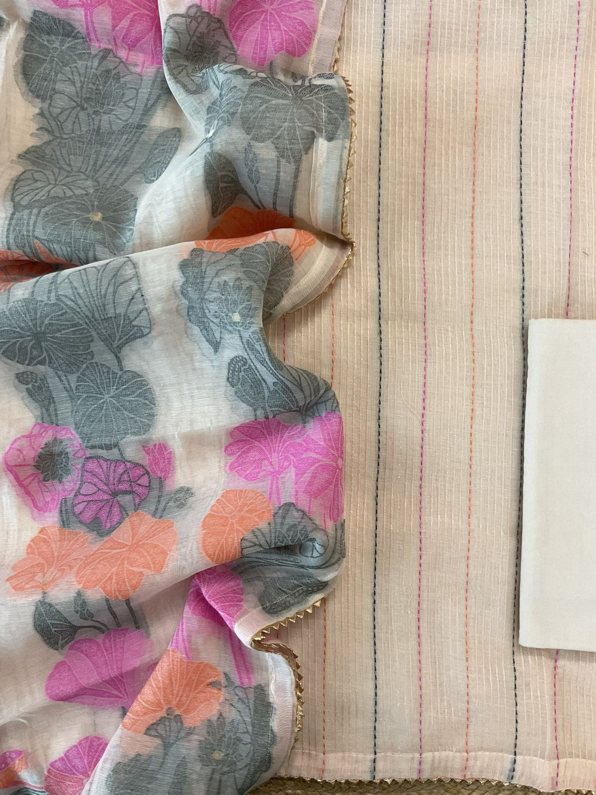 Pure Chanderi Embroidered Jamdani Weaved Suit - Light Beige