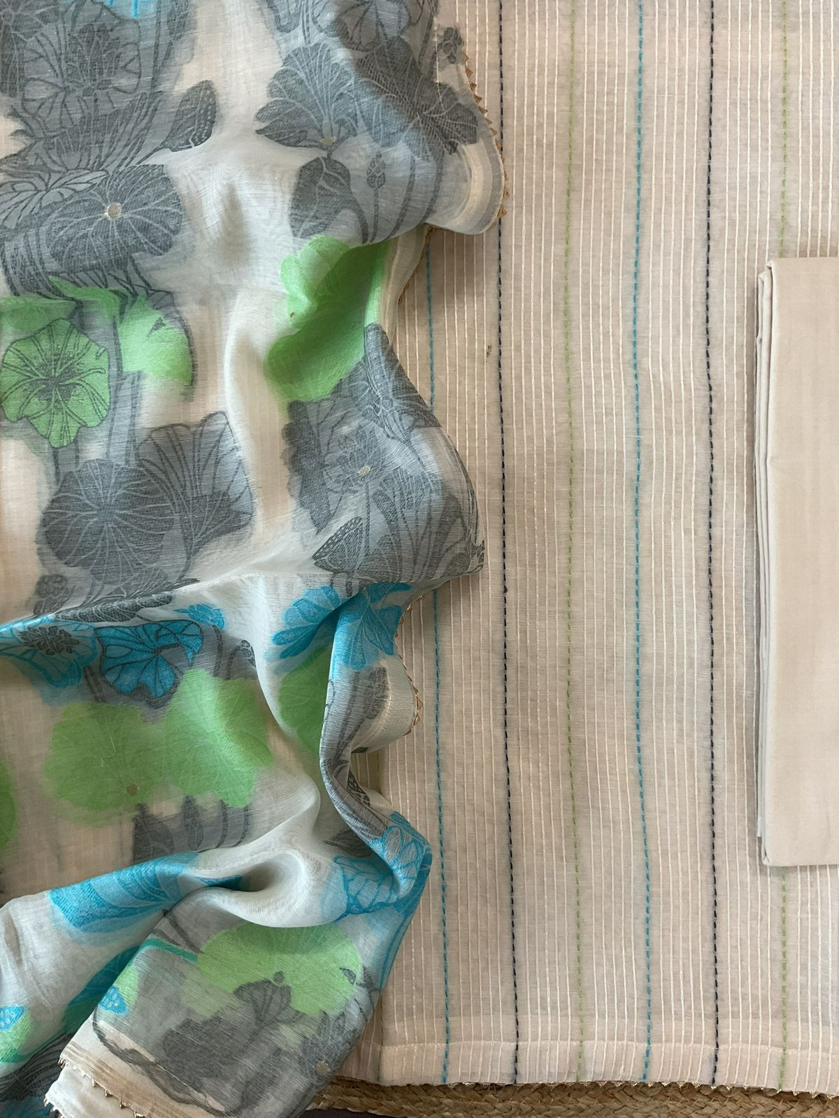 Pure Chanderi Embroidered Jamdani Weaved Suit - Cream