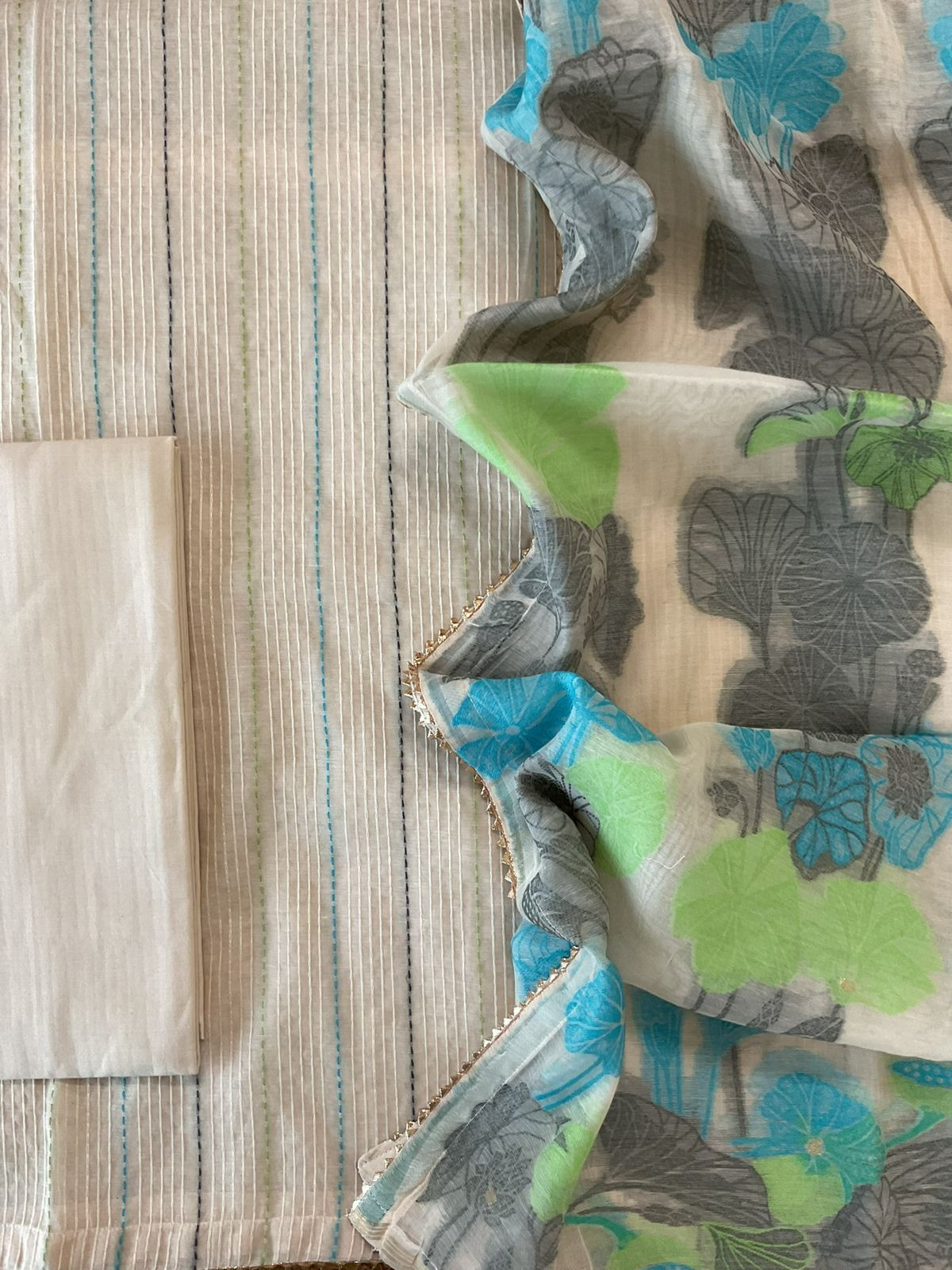 Pure Chanderi Embroidered Jamdani Weaved Suit - Cream