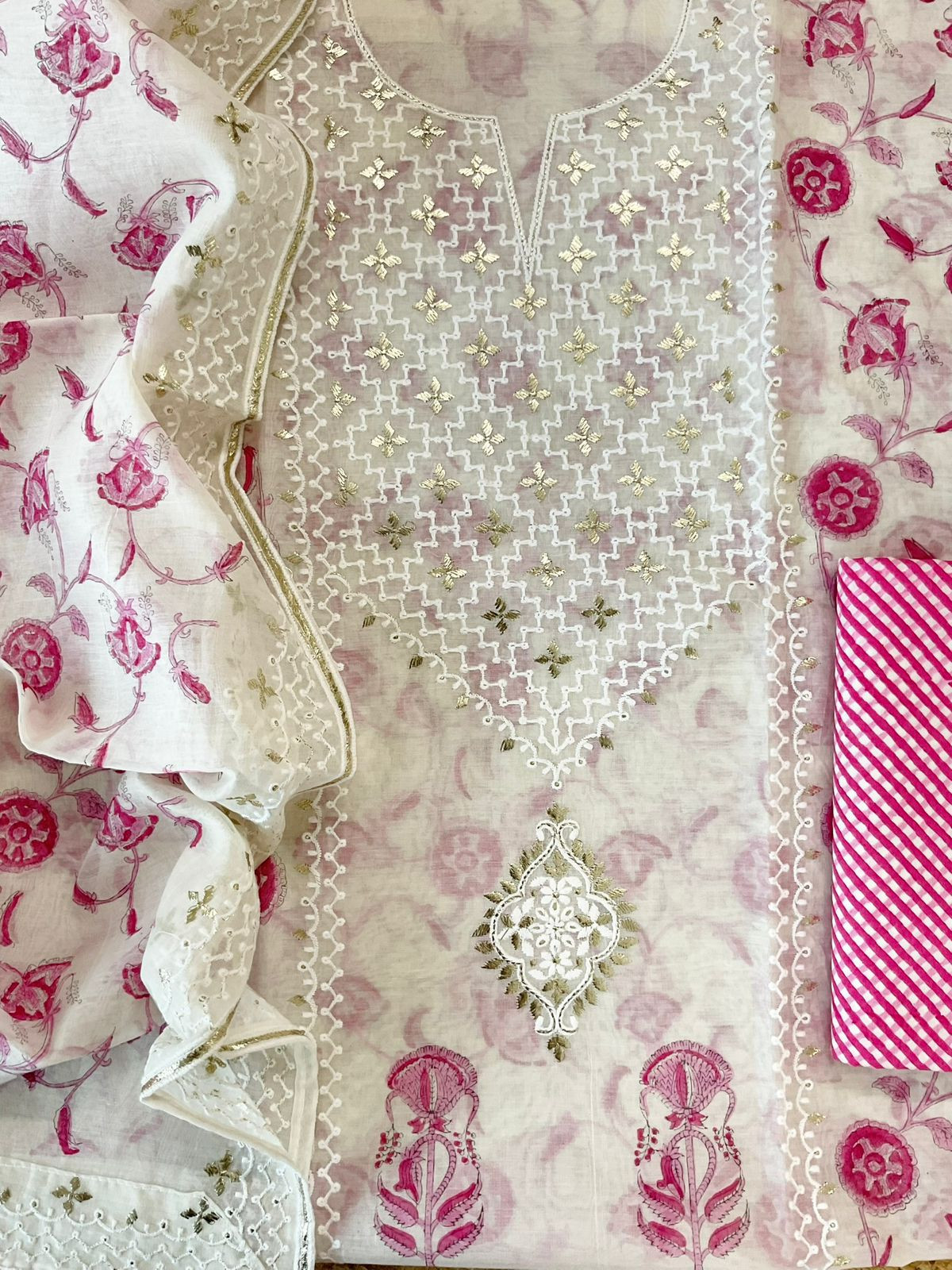 Pure Chanderi Printed Embroidered Suit - Offwhite