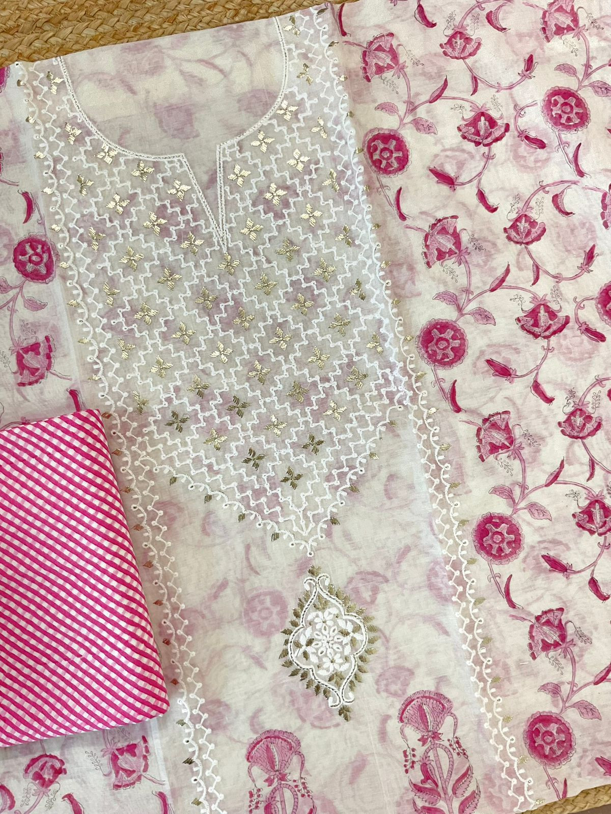 Pure Chanderi Printed Embroidered Suit - Offwhite