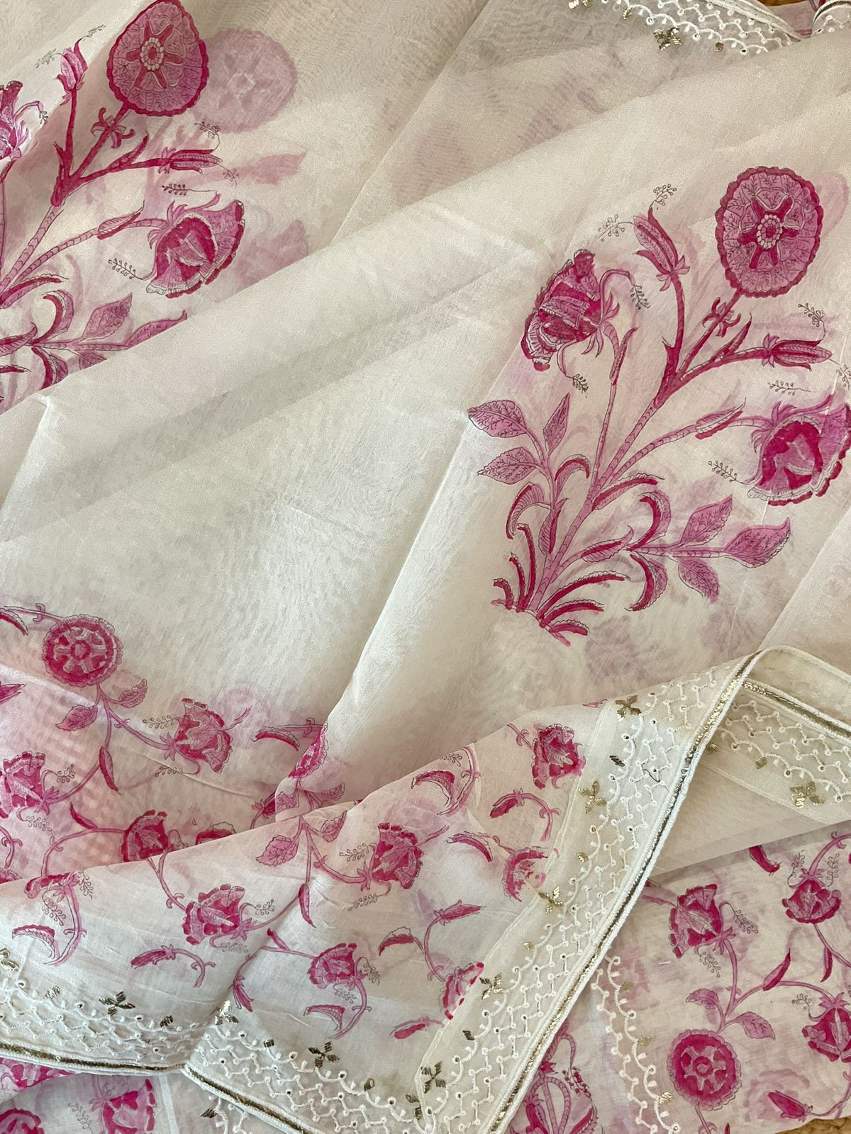 Pure Chanderi Printed Embroidered Suit - Offwhite